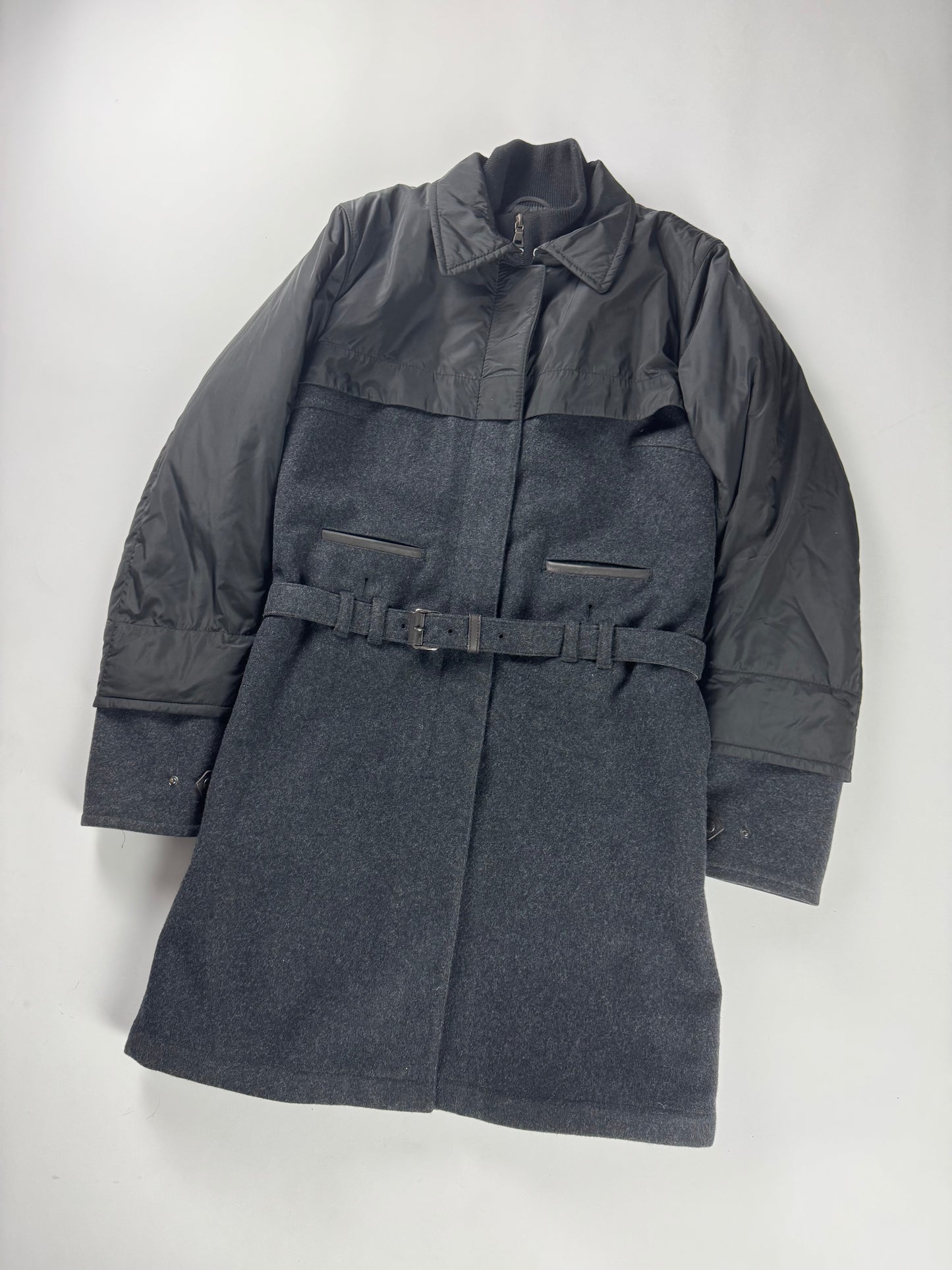 Prada Two Tones Hybrid 2 in 1 Belted Premium Brushed Wool Overcoat 2000s - S