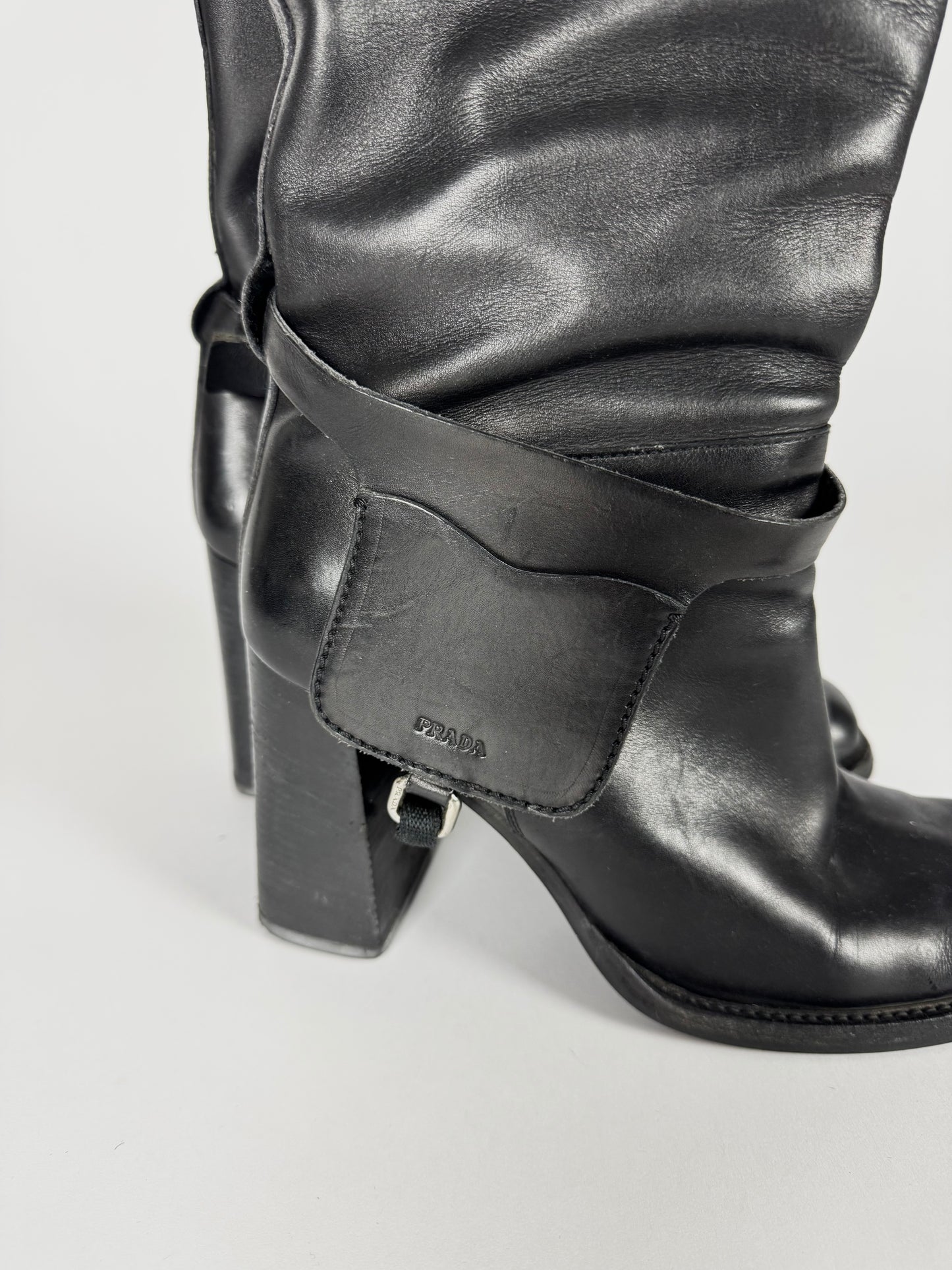 Prada Side Belted Pocket High Leather Boots FW 1999 - 39 IT/39,5 EU