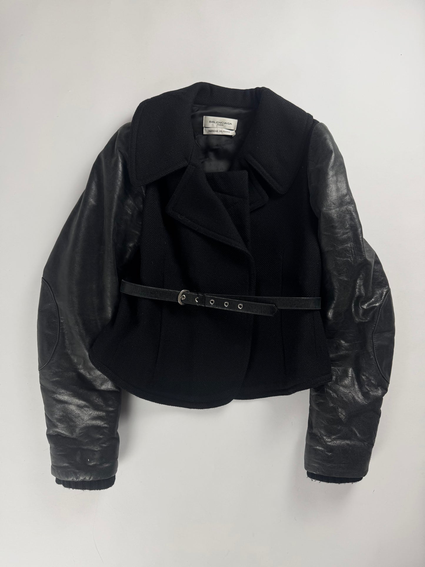 Balenciaga Dark Leather Sleeves Peplum Black Jacket FW 2002 - S