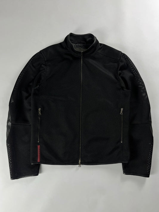 Prada Mesh Leather Patch Elbows Moto Jacket SS 2000 - L