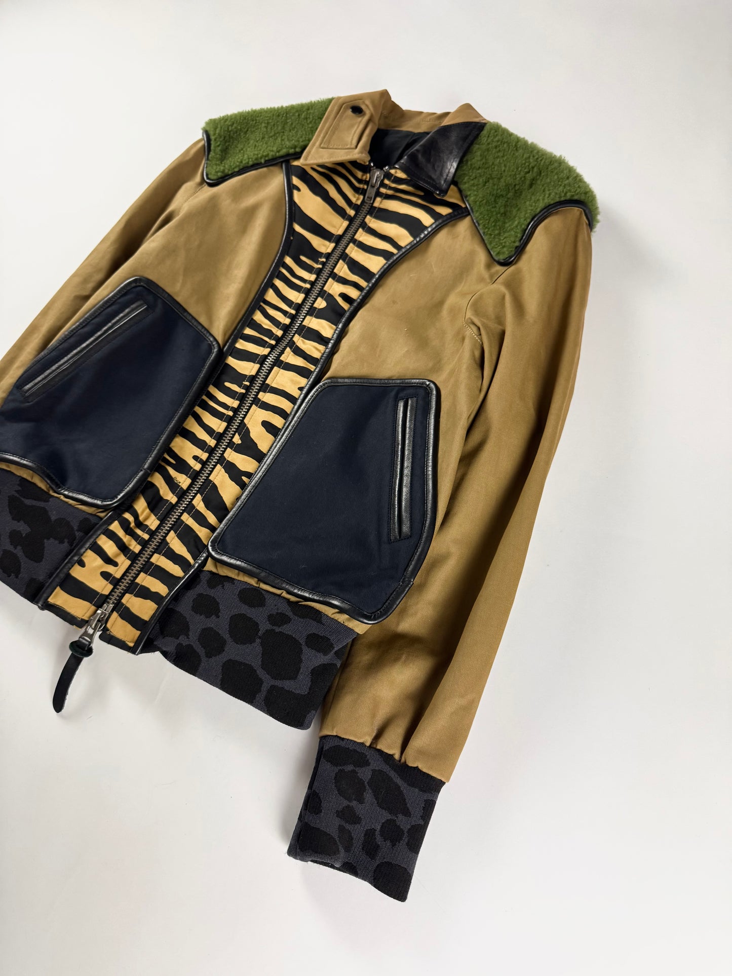 Coach Sample Camel Mixed Animal Print Green Shearling Collar Bomber Jacket SS 2016 - M