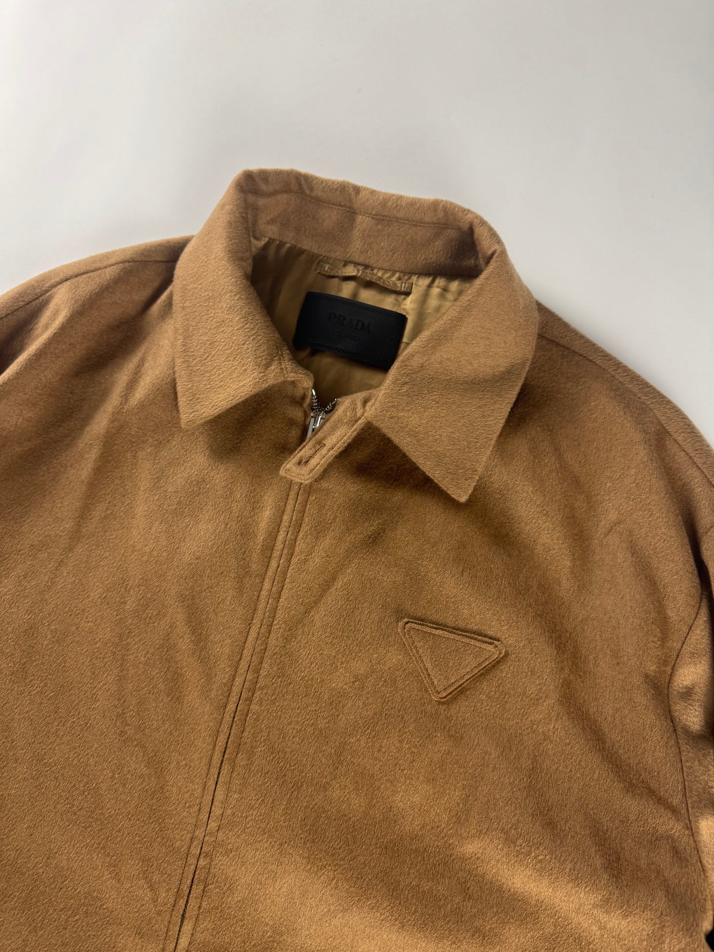 Prada Brown Camel Hair Triangle Logo Classic Jacket FW 2023 - L