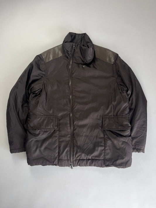 Prada Leather Shoulder Pads Asymmetric Zipper Down Jacket 2000s - XL