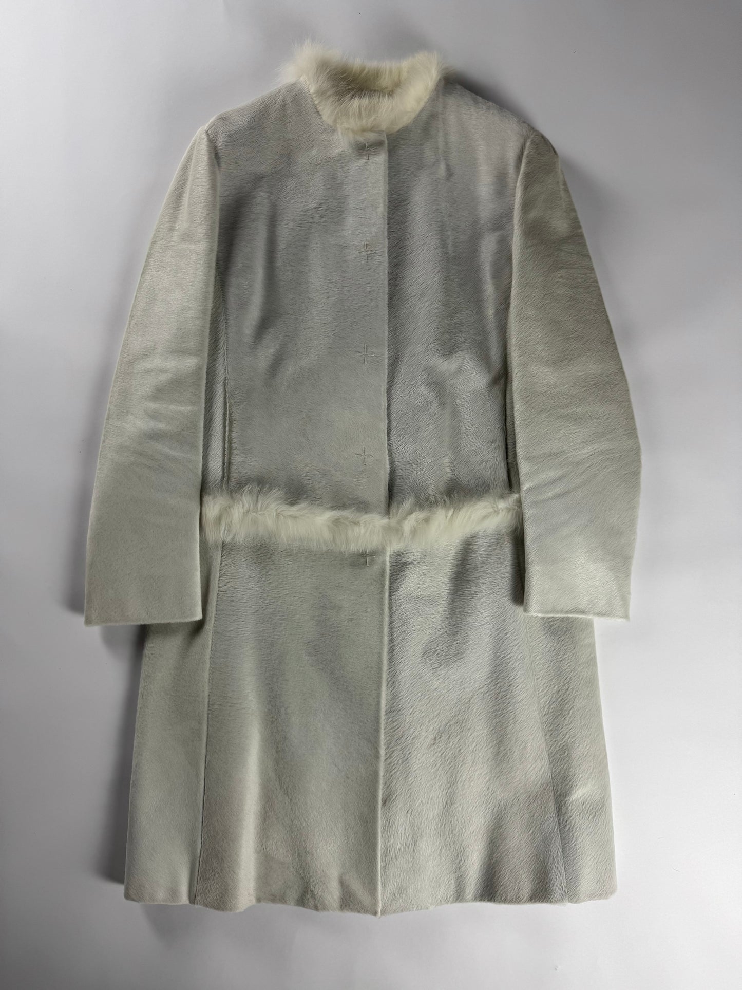 Prada White Heaven Fur Trimmed Pony Hair Leather Coat 1990s - S