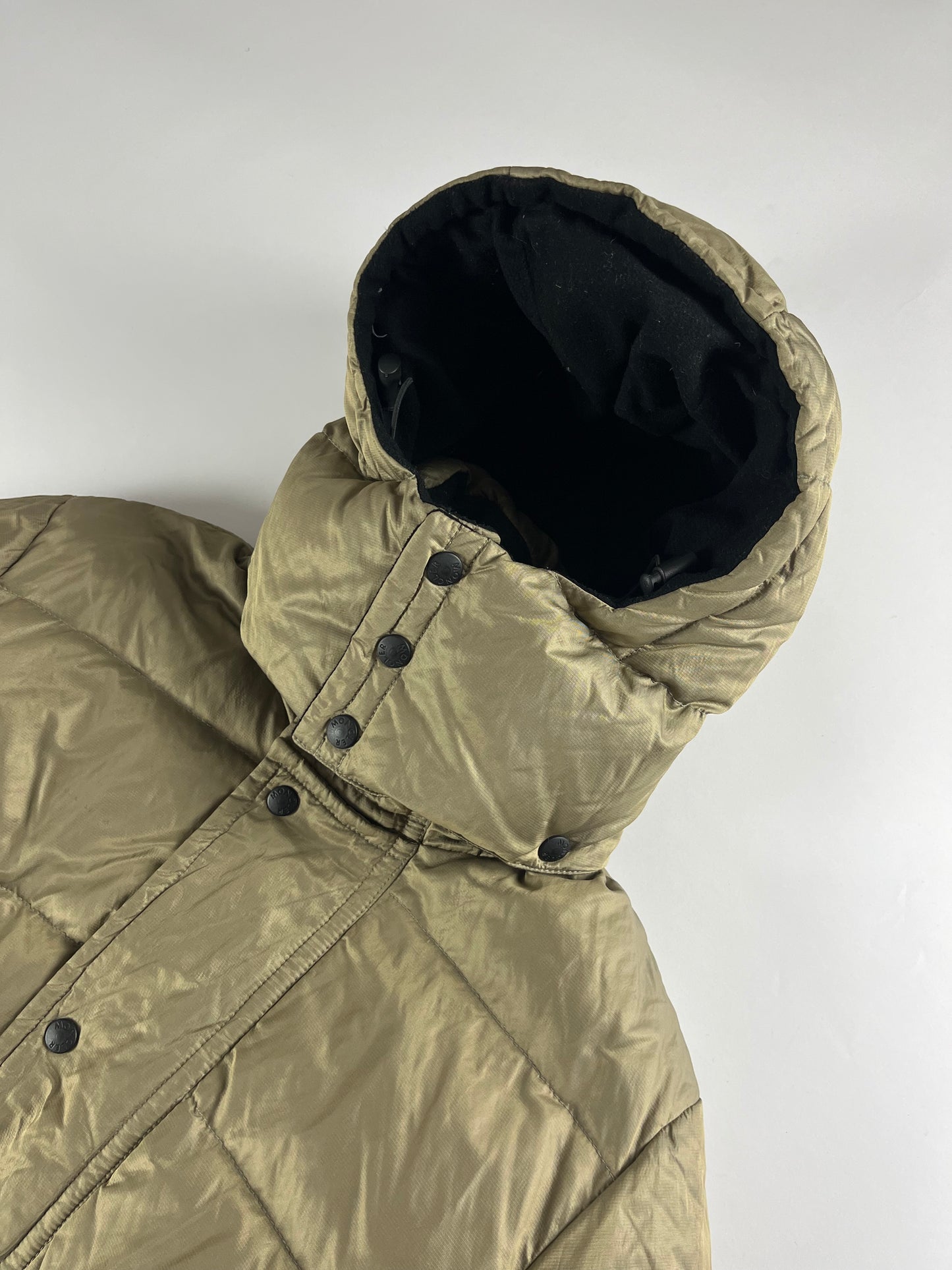 Moncler Camel Bright Metallic Long Down Jacket - XL