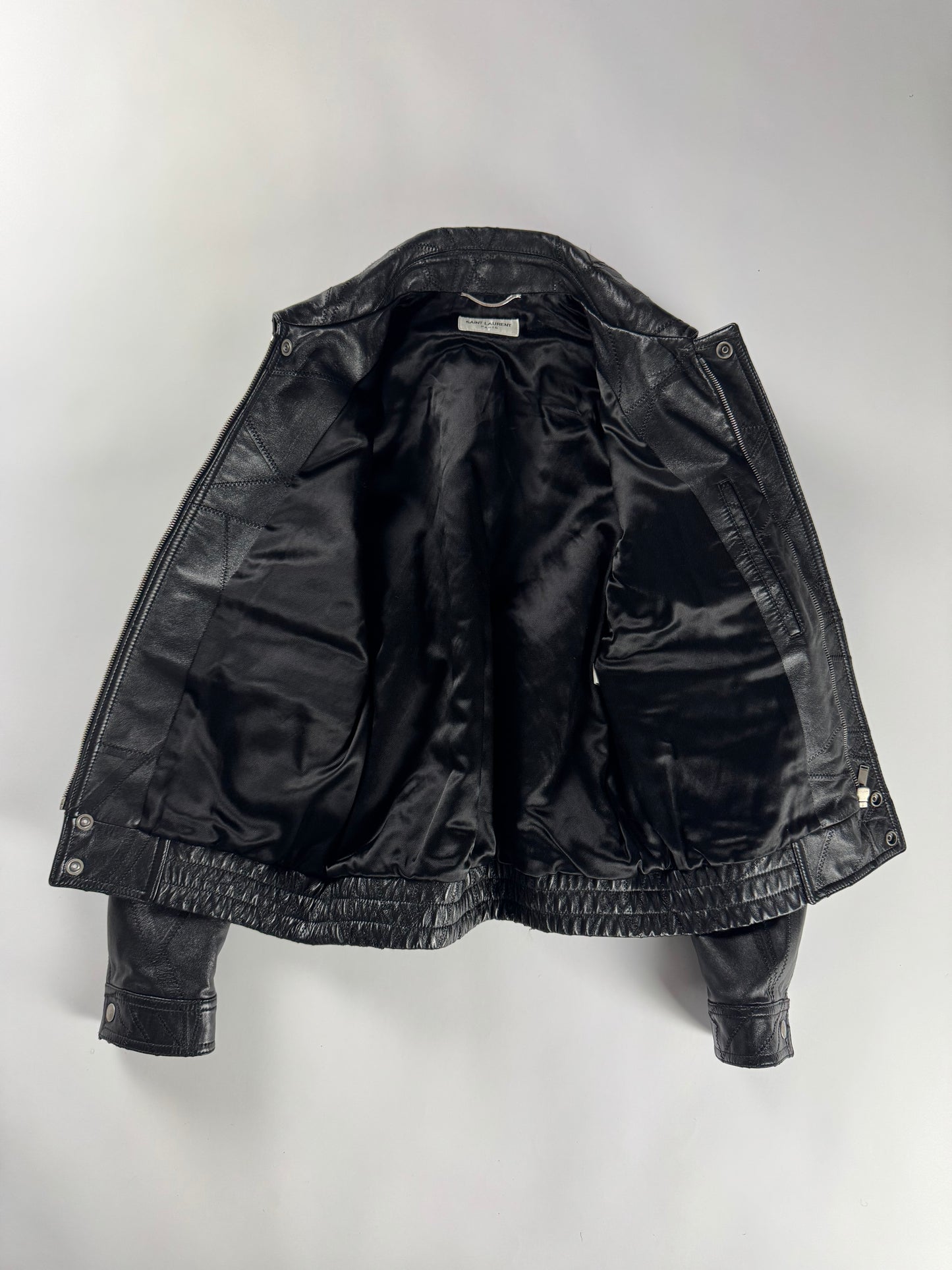 Saint Laurent Sample Leather Paneled Zigzag Stitching Bomber Jacket Pre Fall 2018 - S