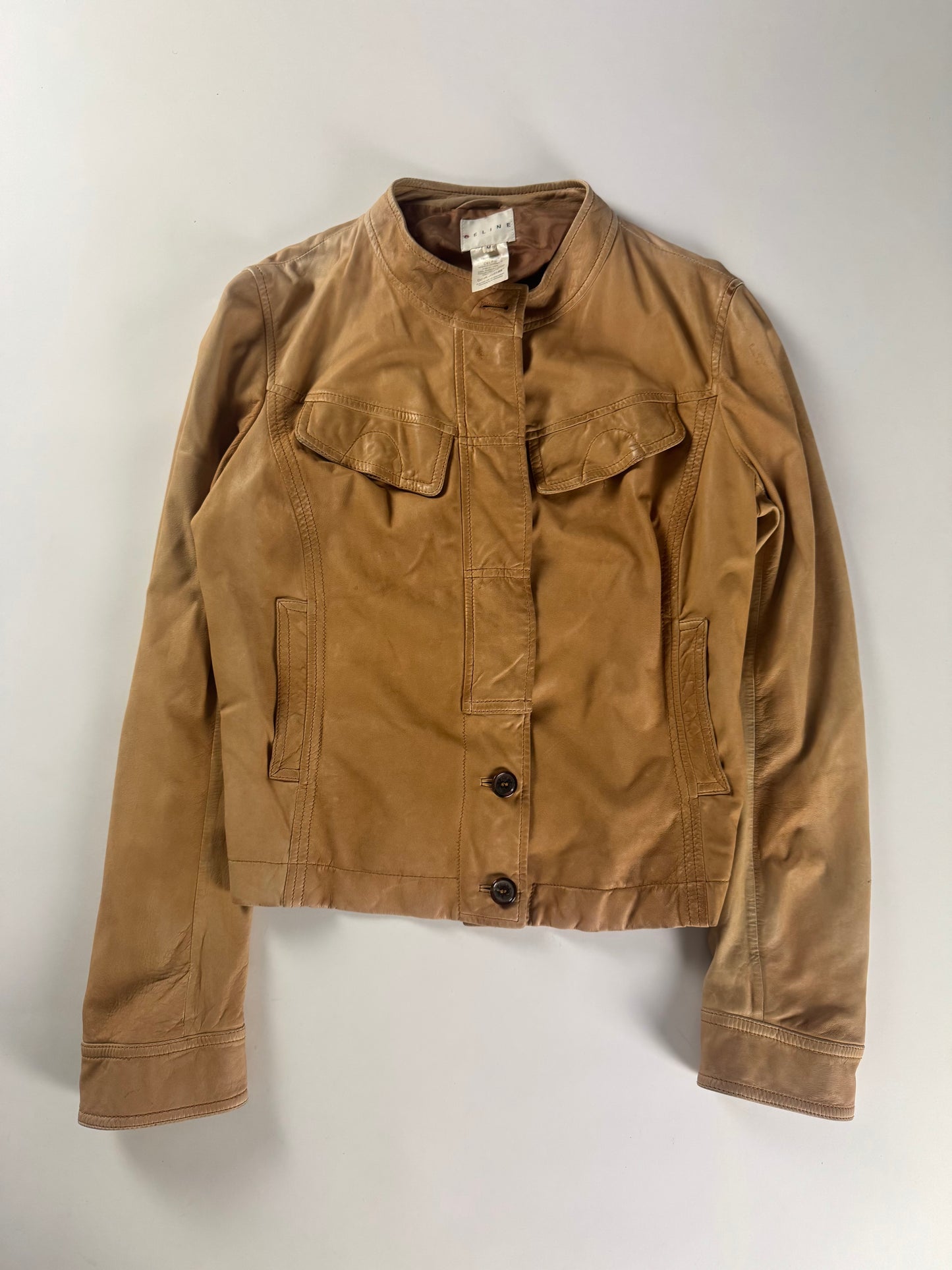 Celine Camel Faded Leather Button Up Rider Jacket 2000s - M