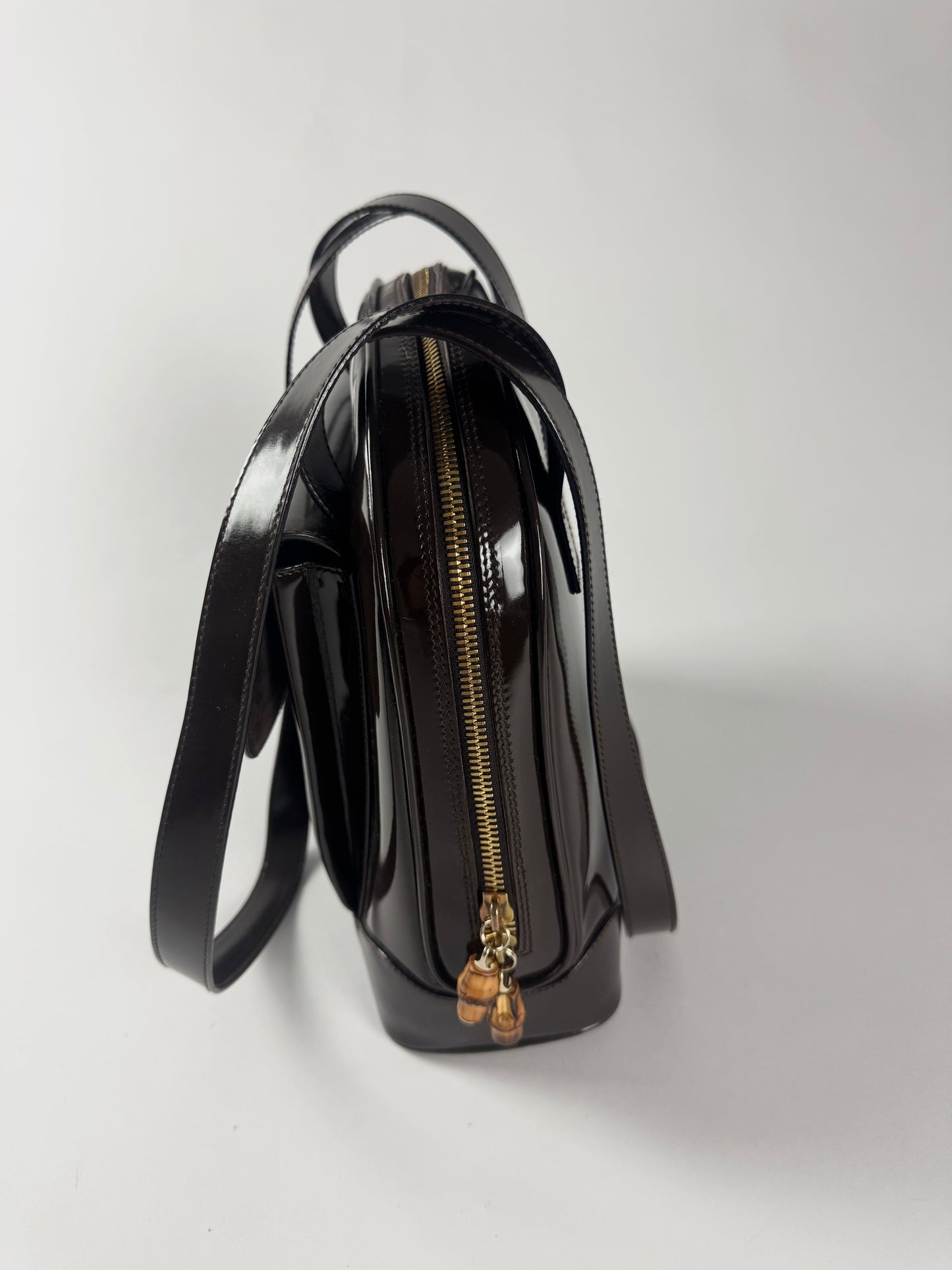 Gucci Brown Leather Patent Bamboo Shoulder Bag 1990s - OS