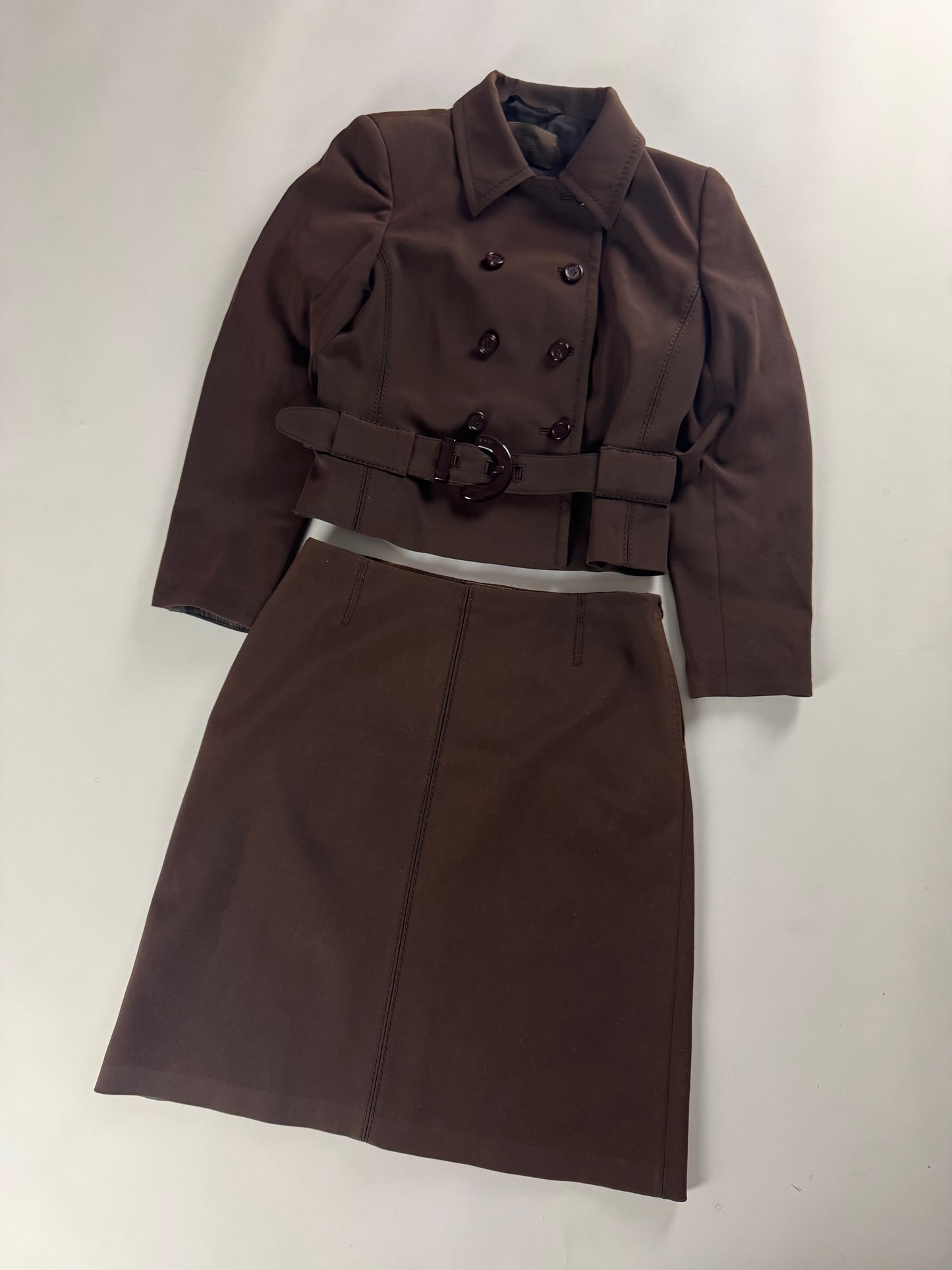 Prada Brown Elegant Cropped Belted Jacket Skirt Set FW 1996 - S