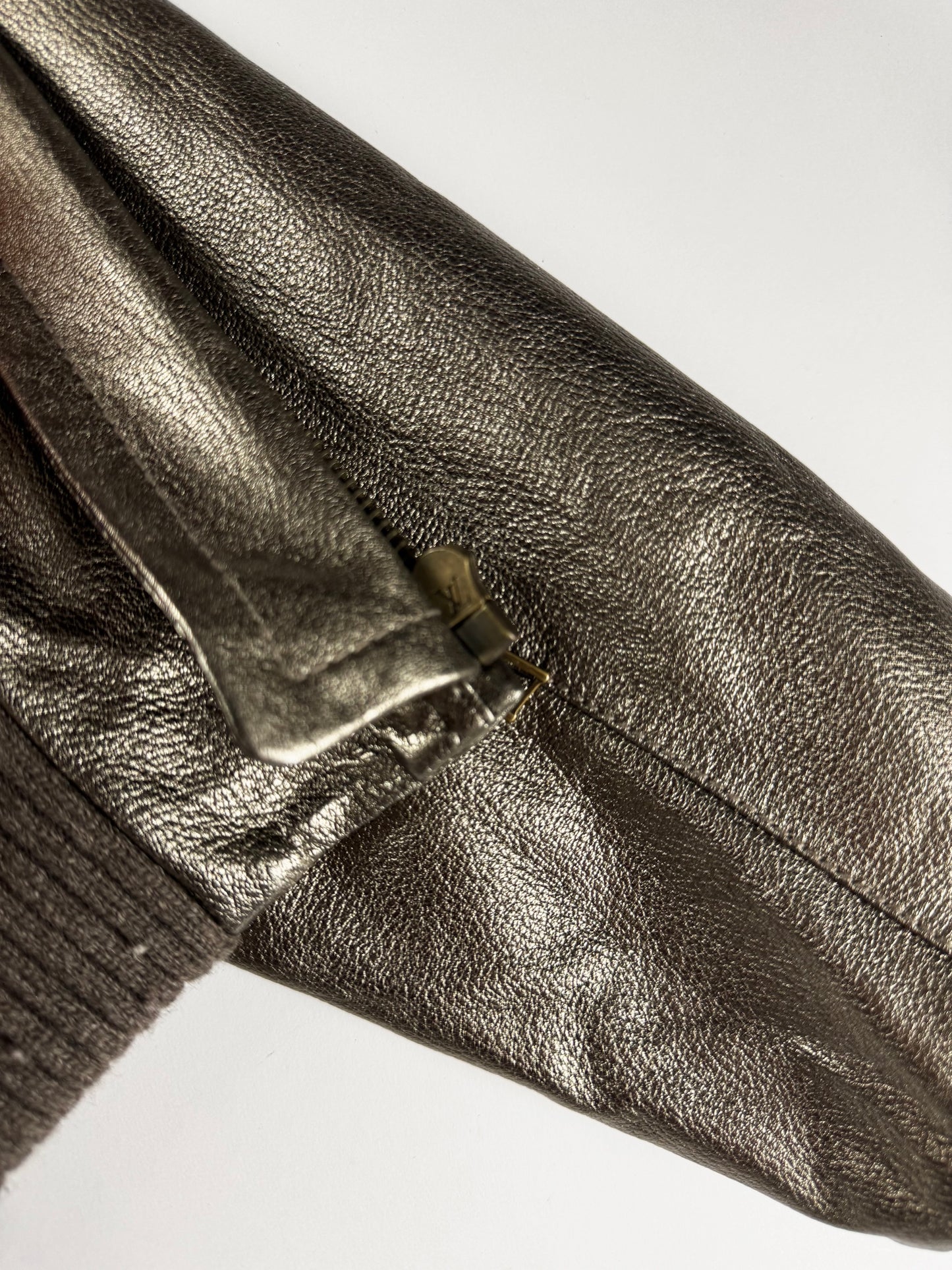 Louis Vuitton Metallic Bronze Leather Fur Collar Gold Hardware Ribbed Trim Bomber Jacket FW 2008 - S