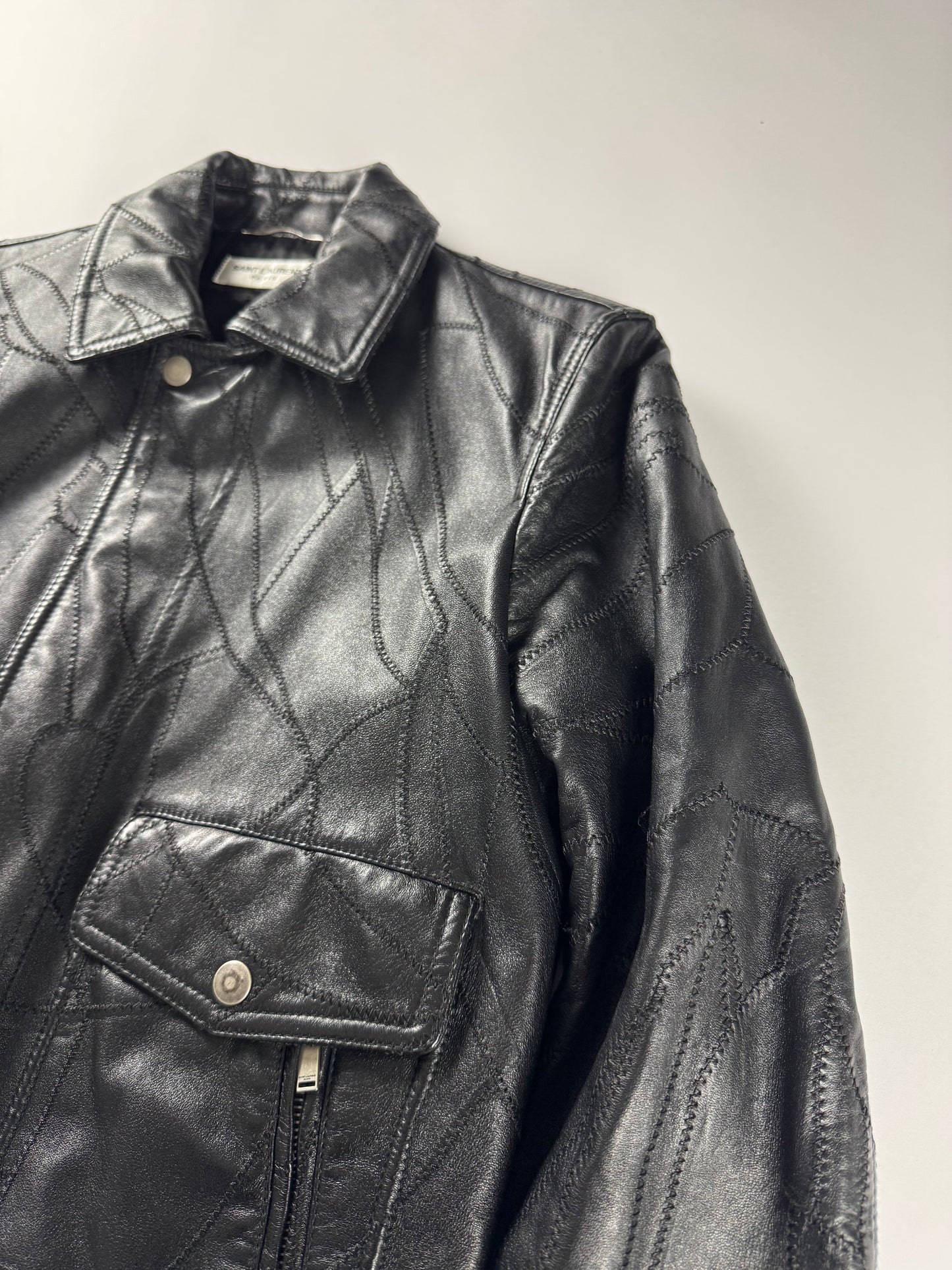 Saint Laurent Sample Leather Paneled Zigzag Stitching Bomber Jacket Pre Fall 2018 - S