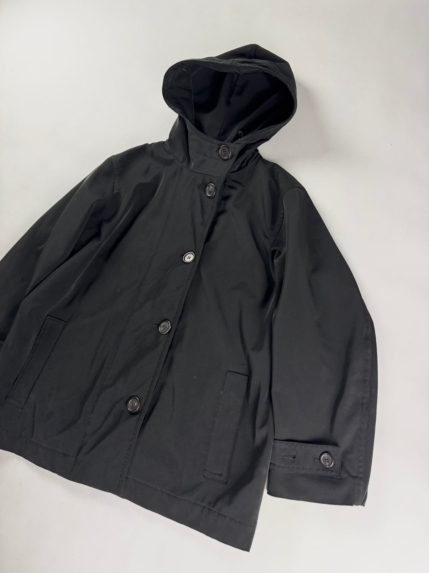 Prada Black Hooded Button Front Parka Coat 2000s - S