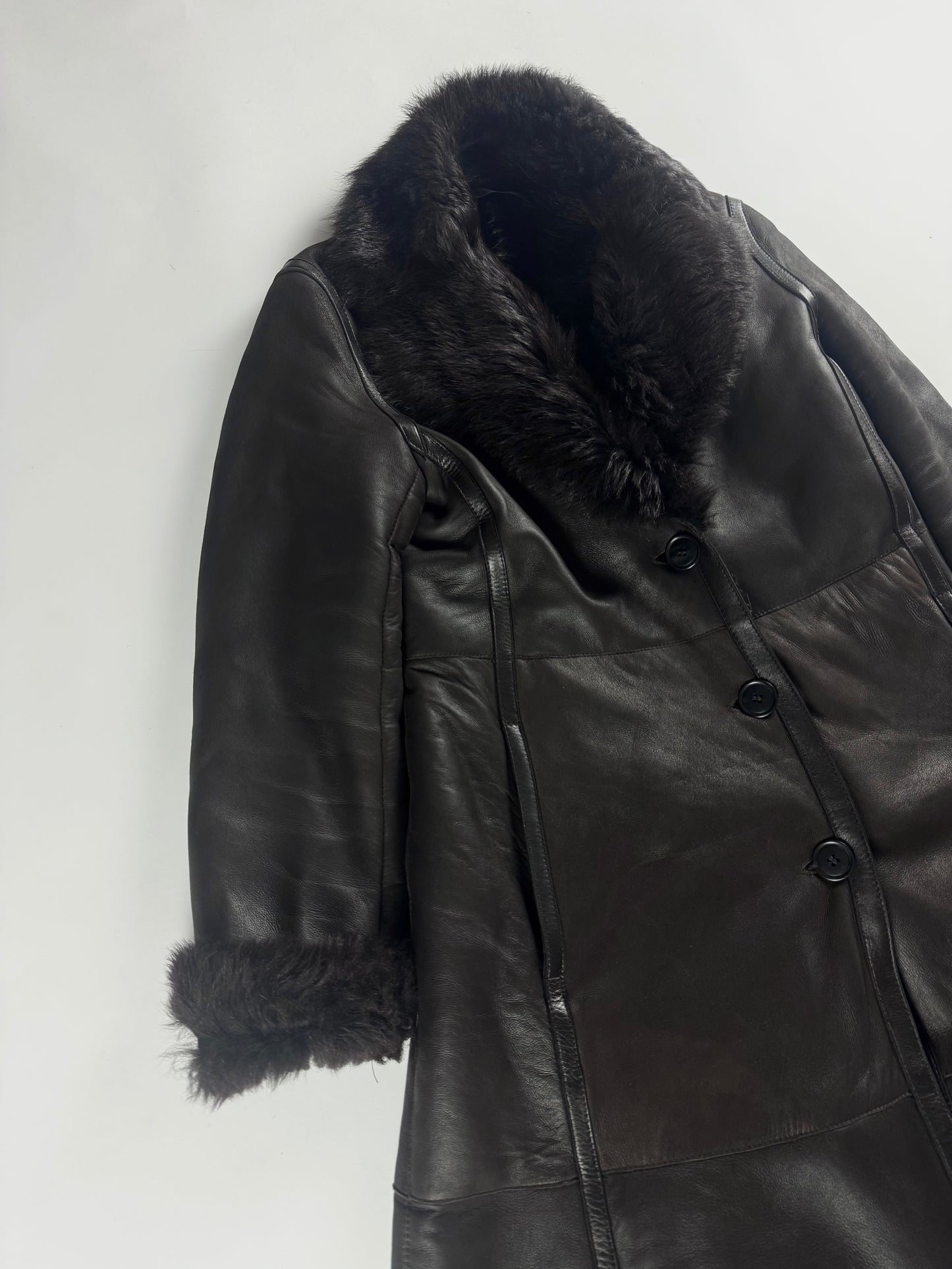 Prada Dark Fur Trimmed Double Breasted Sheepskin Leather Coat 2000s - S