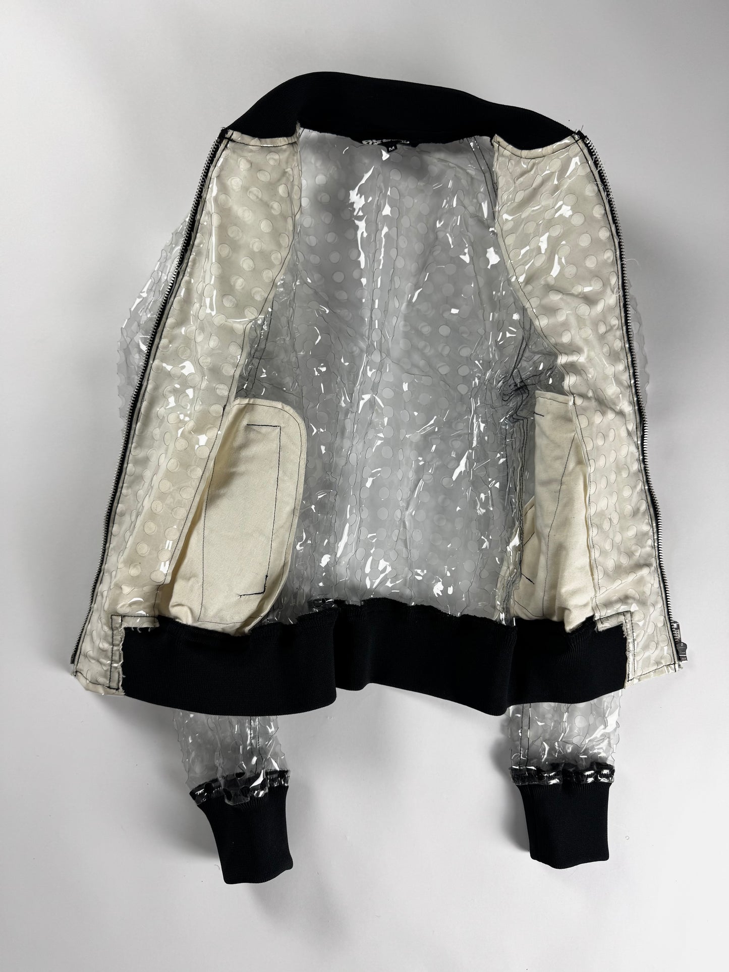 Comme des Garçons BLACK Clear PVC Transparent Polka Dot Lining Black Ribbed Trim Bomber Jacket 2020s - M