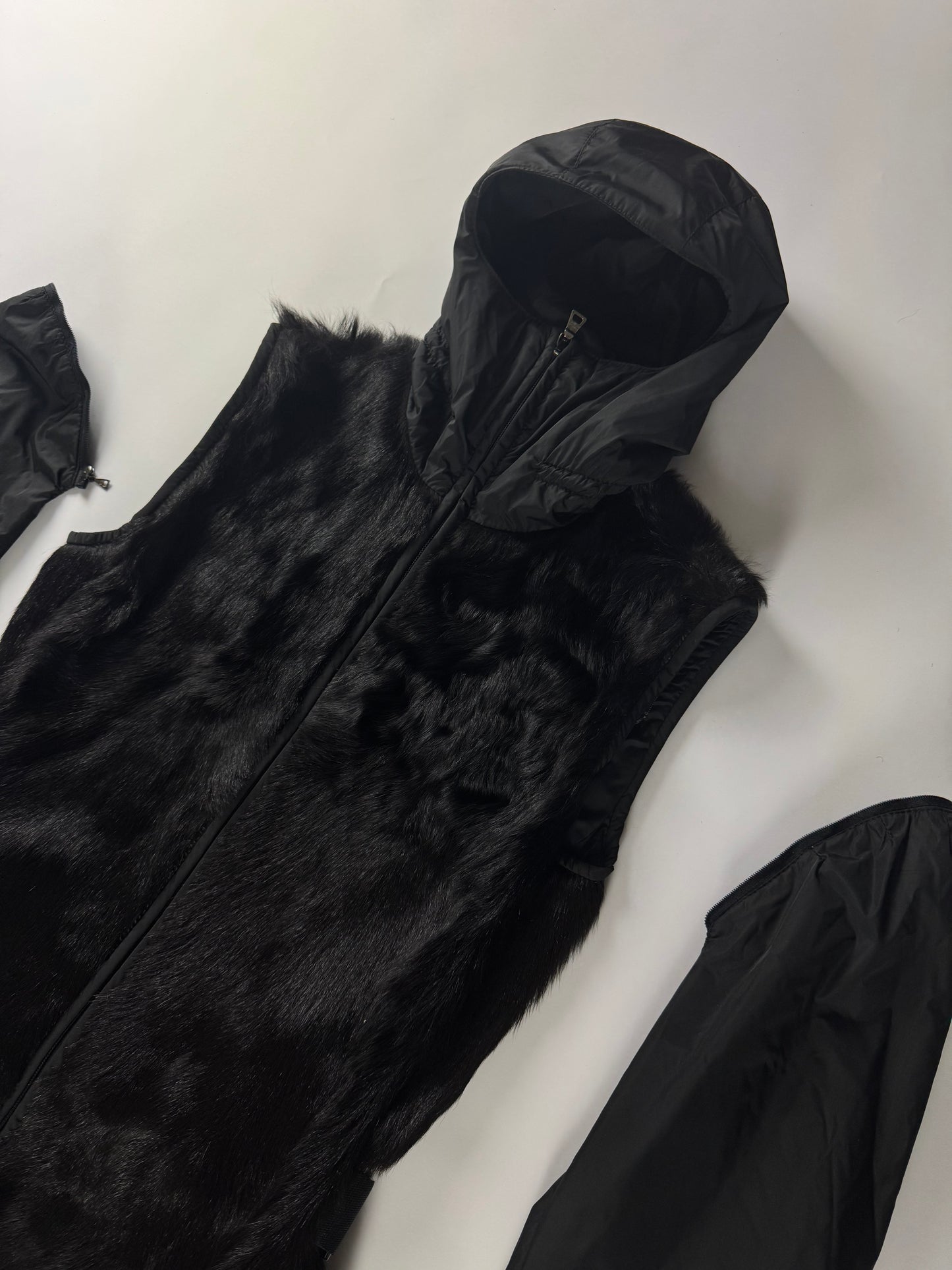 Prada Linea Rossa Convertible Sleeve Dyed Kid Fur Hooded Coat FW 1999 - S