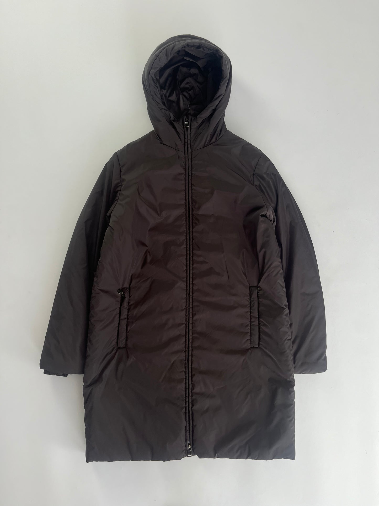 Prada Brown Nylon Double Zip Long Hooded Jacket 2000s - S