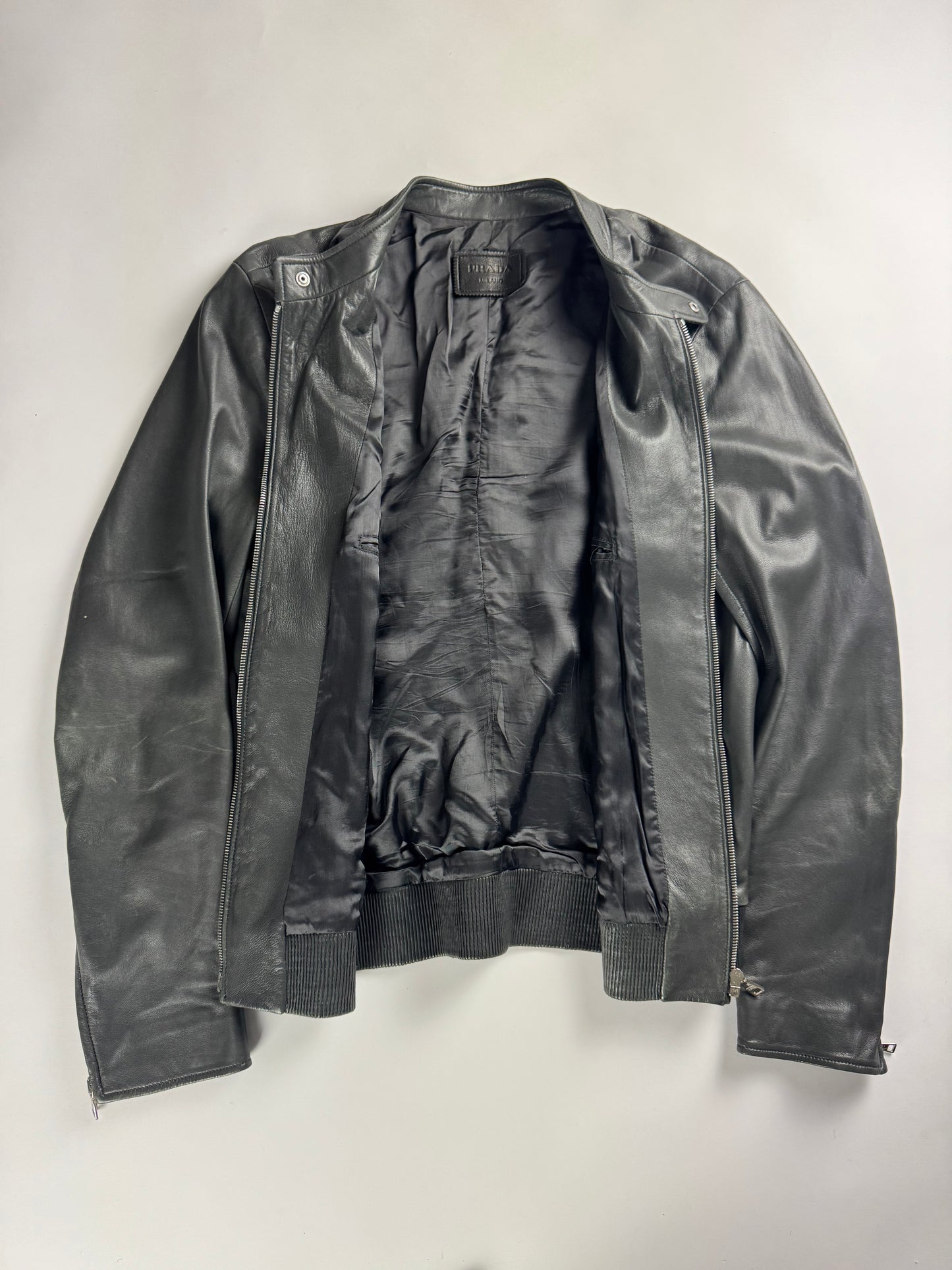 Prada Dark Grey Smooth Leather Minimalist Side Pocket Moto Jacket FW 2012 - M