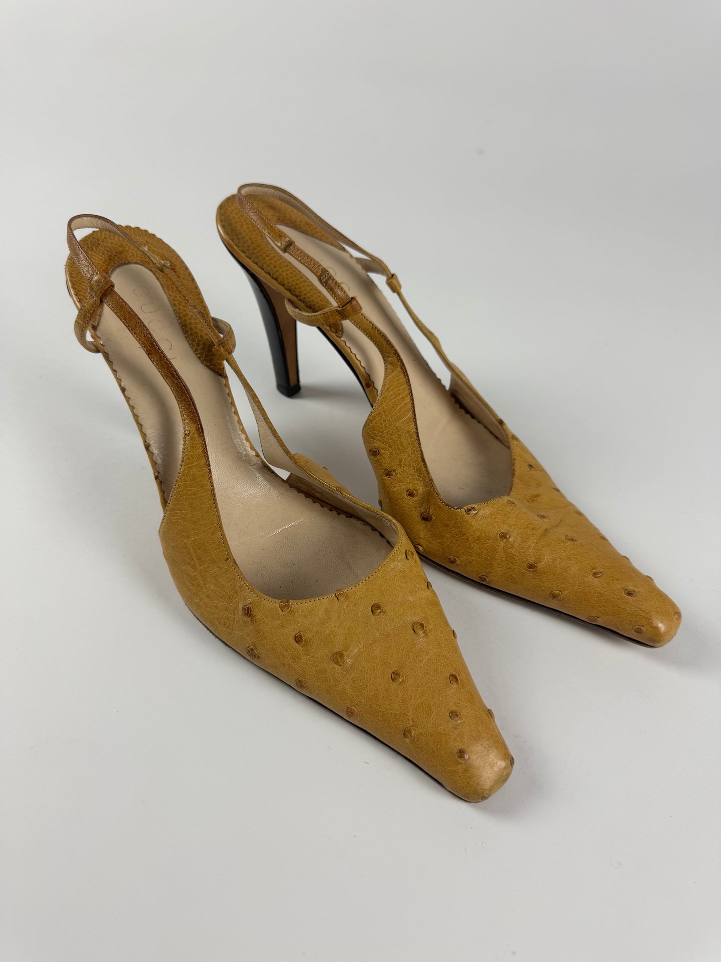 Gucci Tom Ford Light Tan Ostrich Leather Slingback Heels Pumps 1990s - 9,5 IT/40,5 EU