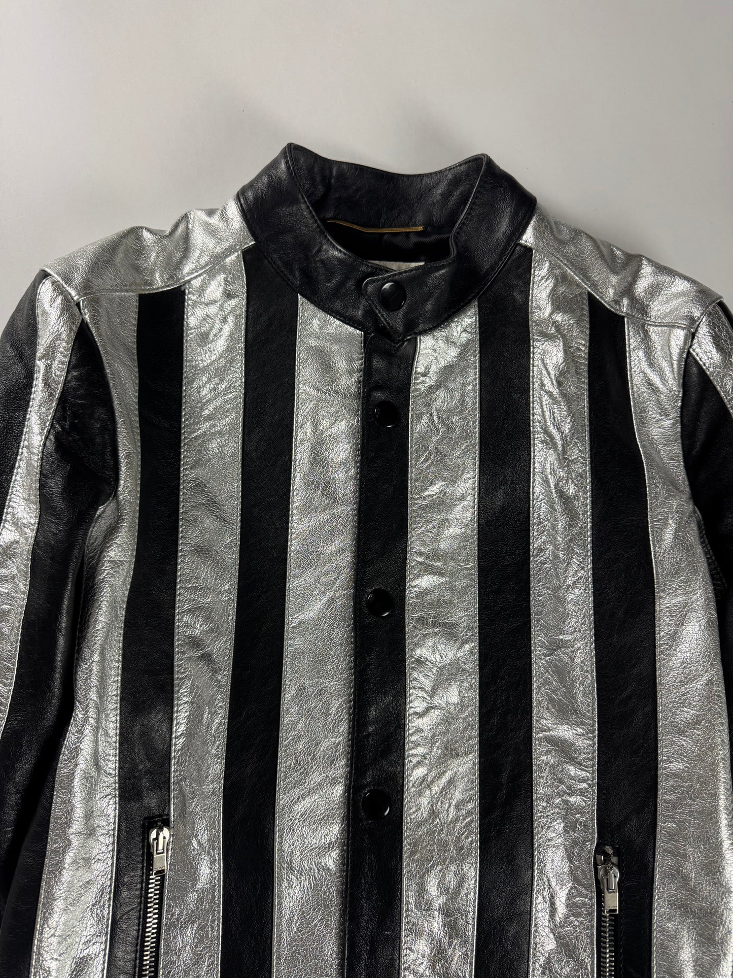 Saint Laurent Sample Metallic Silver Striped Leather Jacket Pre Fall 2015 - XS
