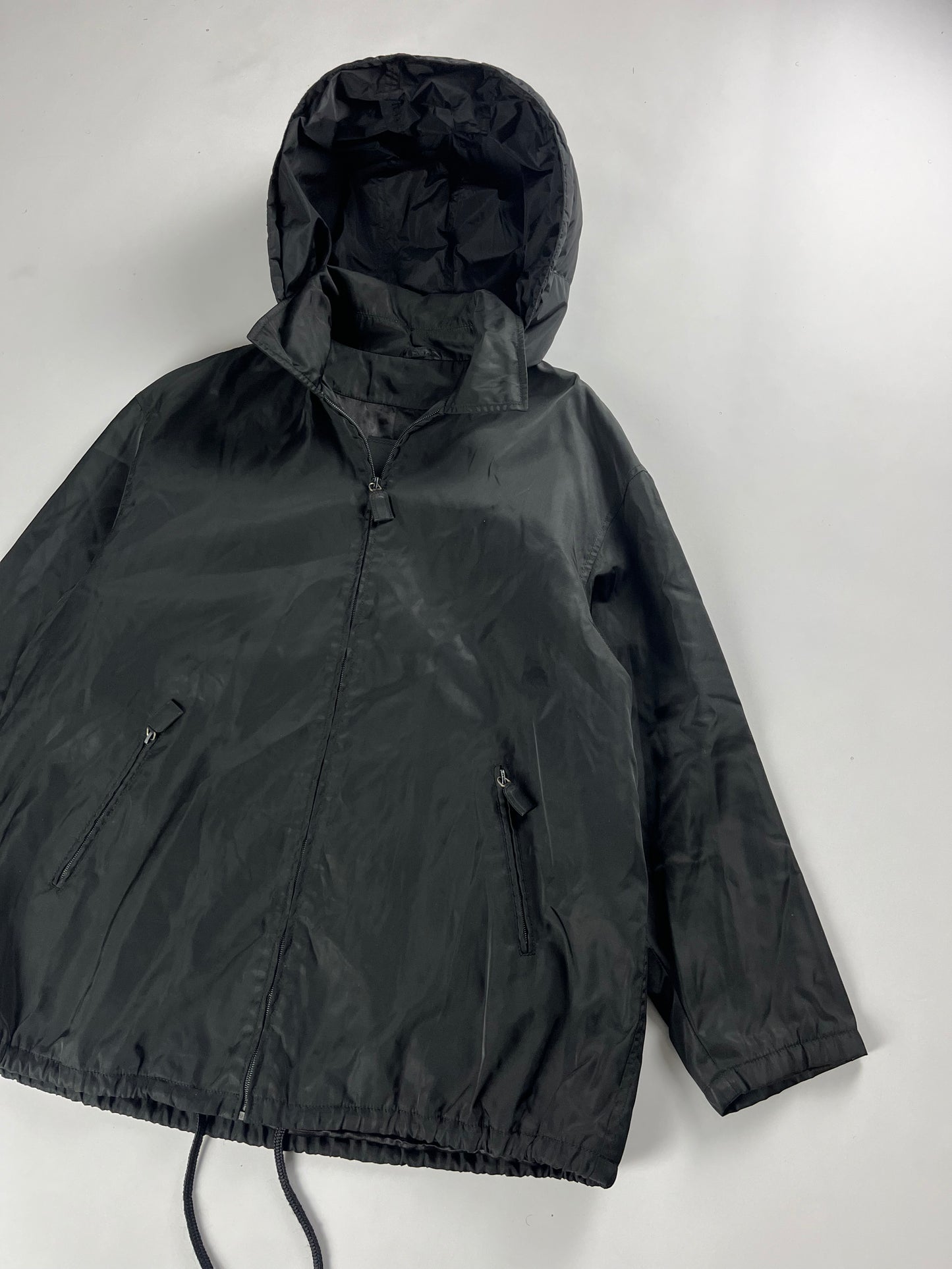 Prada Black Nylon Windbreaker Removable Hood Work Jacket 1990s - L