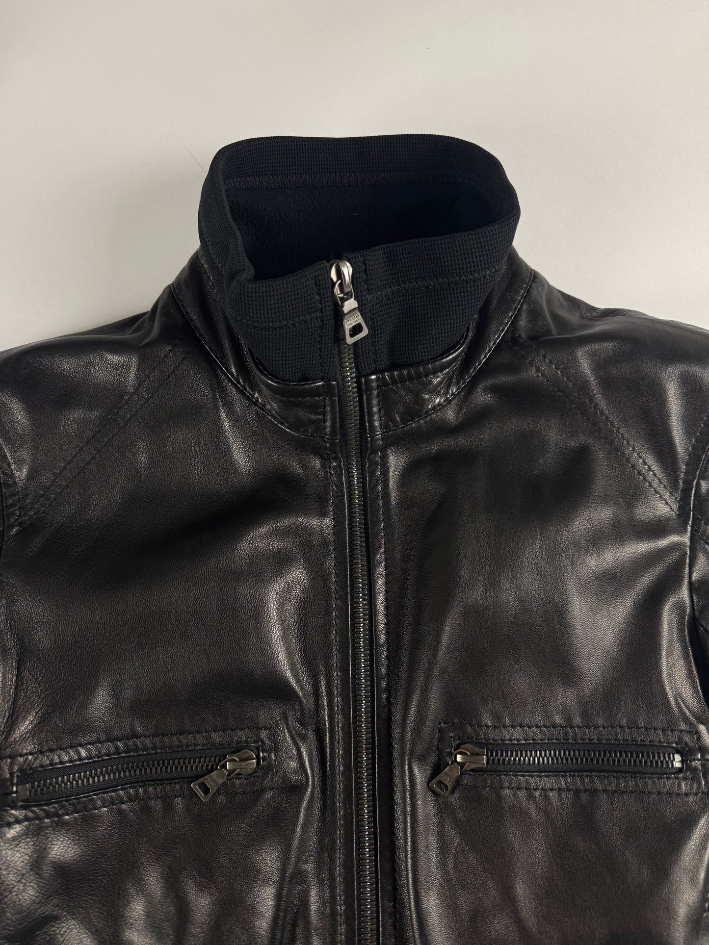 Prada Cuffed Arm Black Leather Moto Jacket SS 2000 - XS