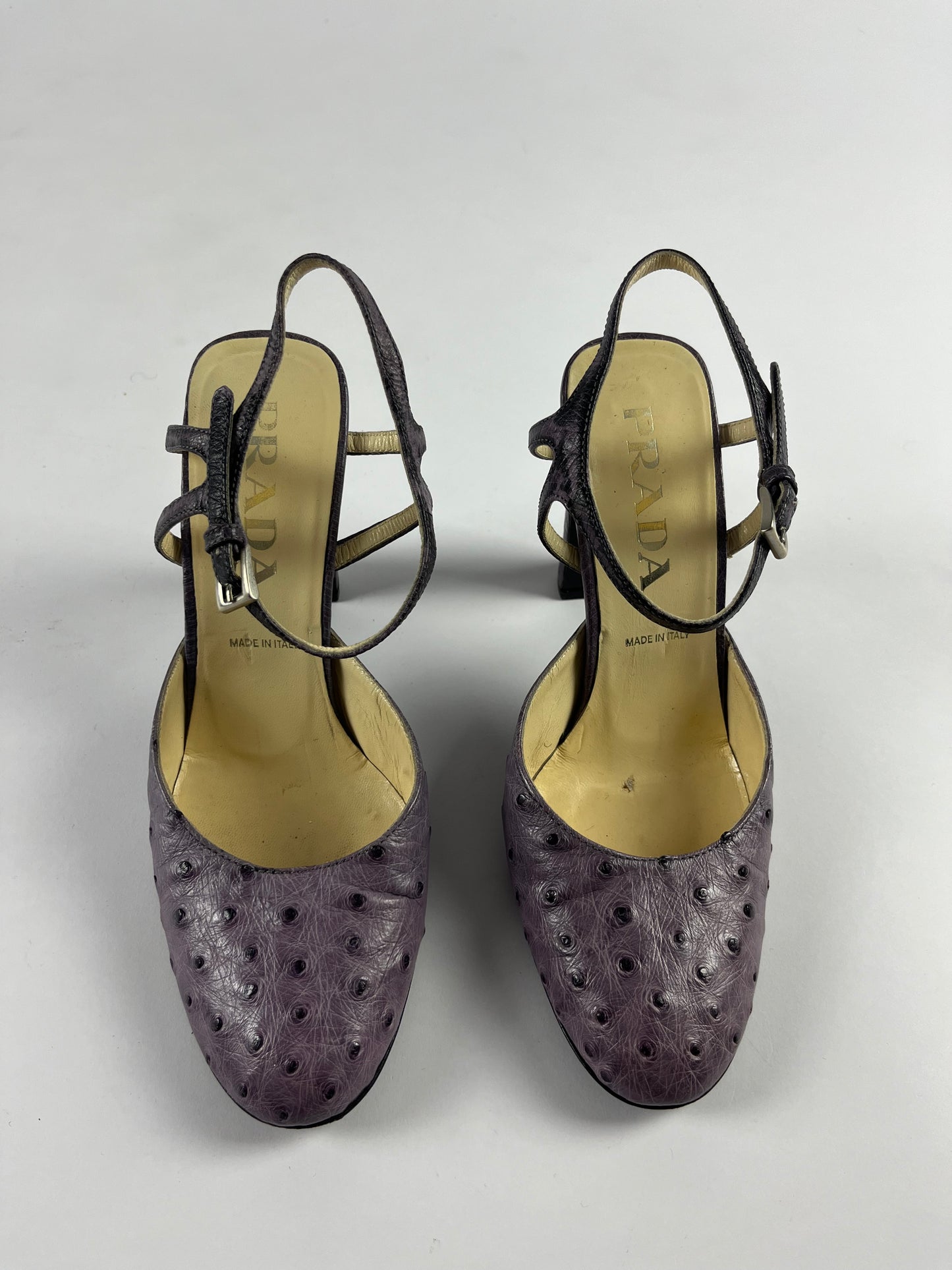 Prada Lila Ostrich Leather Mary Janes Heels SS 2000 - 37 IT/38 EU