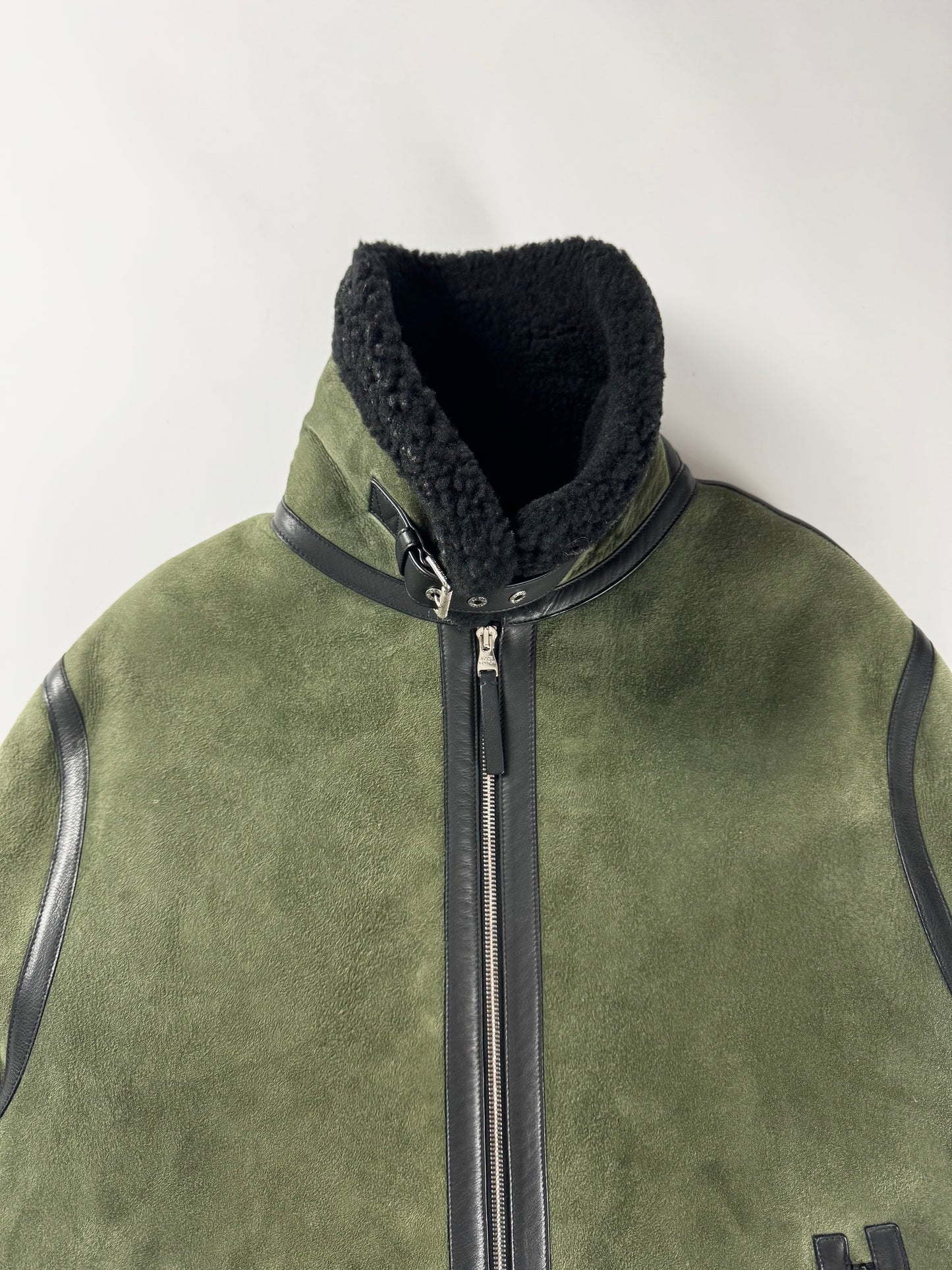 Louis Vuitton Sample Military Olive Shearling Leather Trimmed Bomber Jacket FW 2018 - M