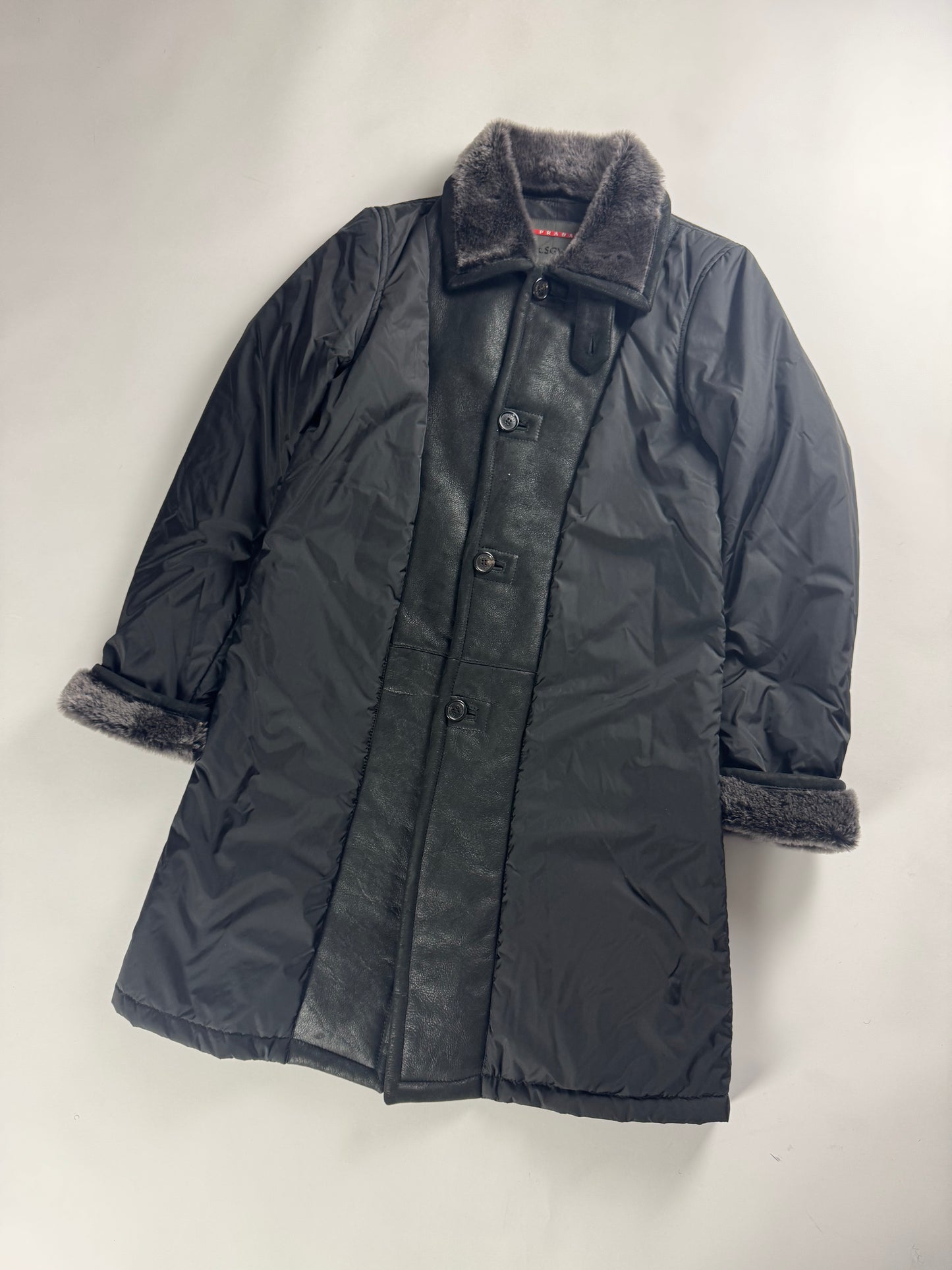 Prada Nylon Leather Panel Long Fur Details Coat SS 2006 - M