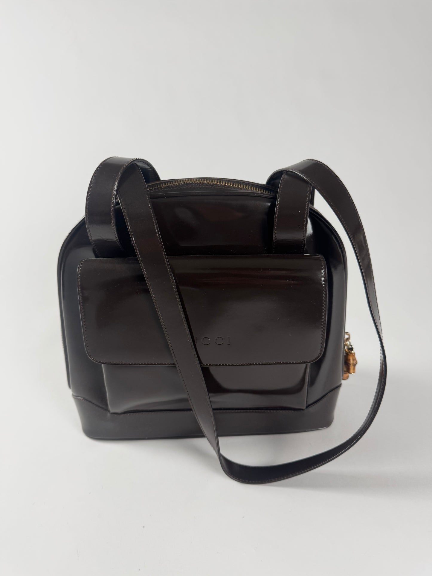 Gucci Brown Leather Patent Bamboo Shoulder Bag 1990s - OS