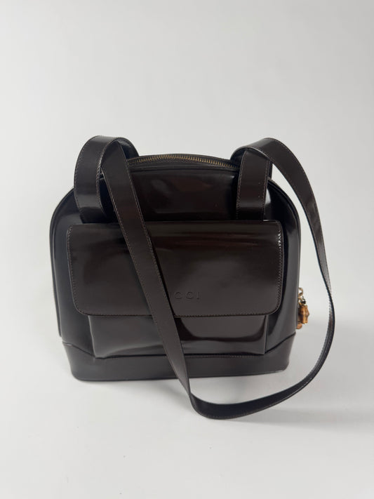 Gucci Brown Leather Patent Bamboo Shoulder Bag 1990s - OS
