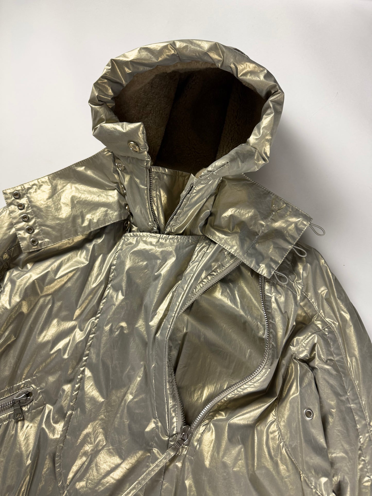 Prada Bright Silver Thermal Shearling Lining Astronaute Parka Jacket 2000s - M