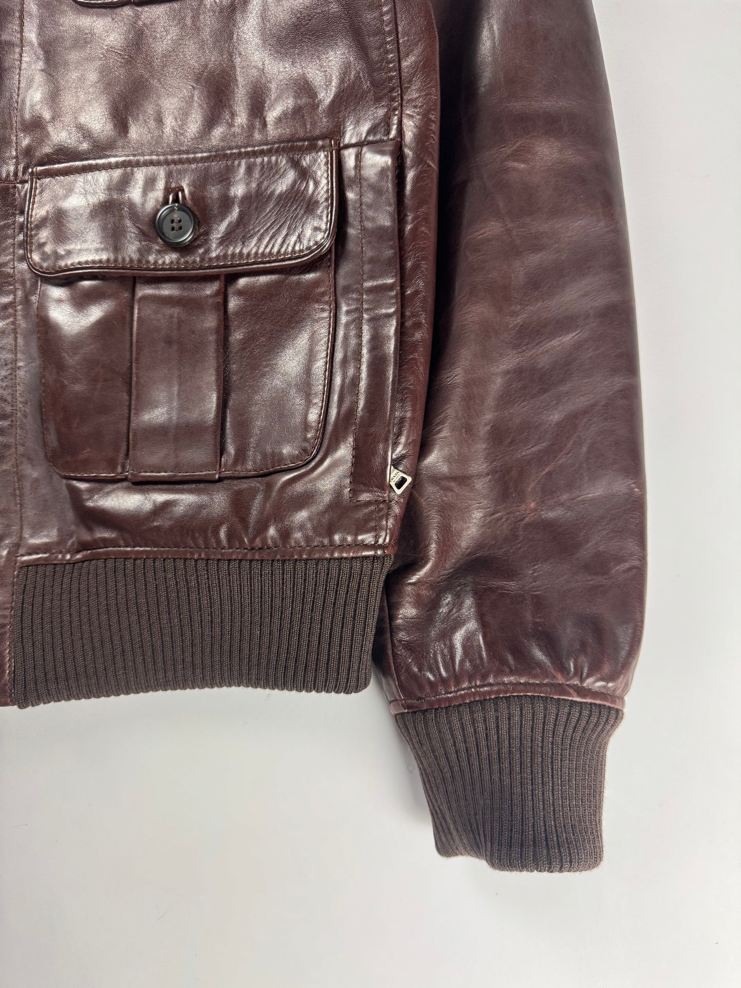 Prada Marlboro Brown Multi Pocket Leather Bomber Jacket FW 2008 - M