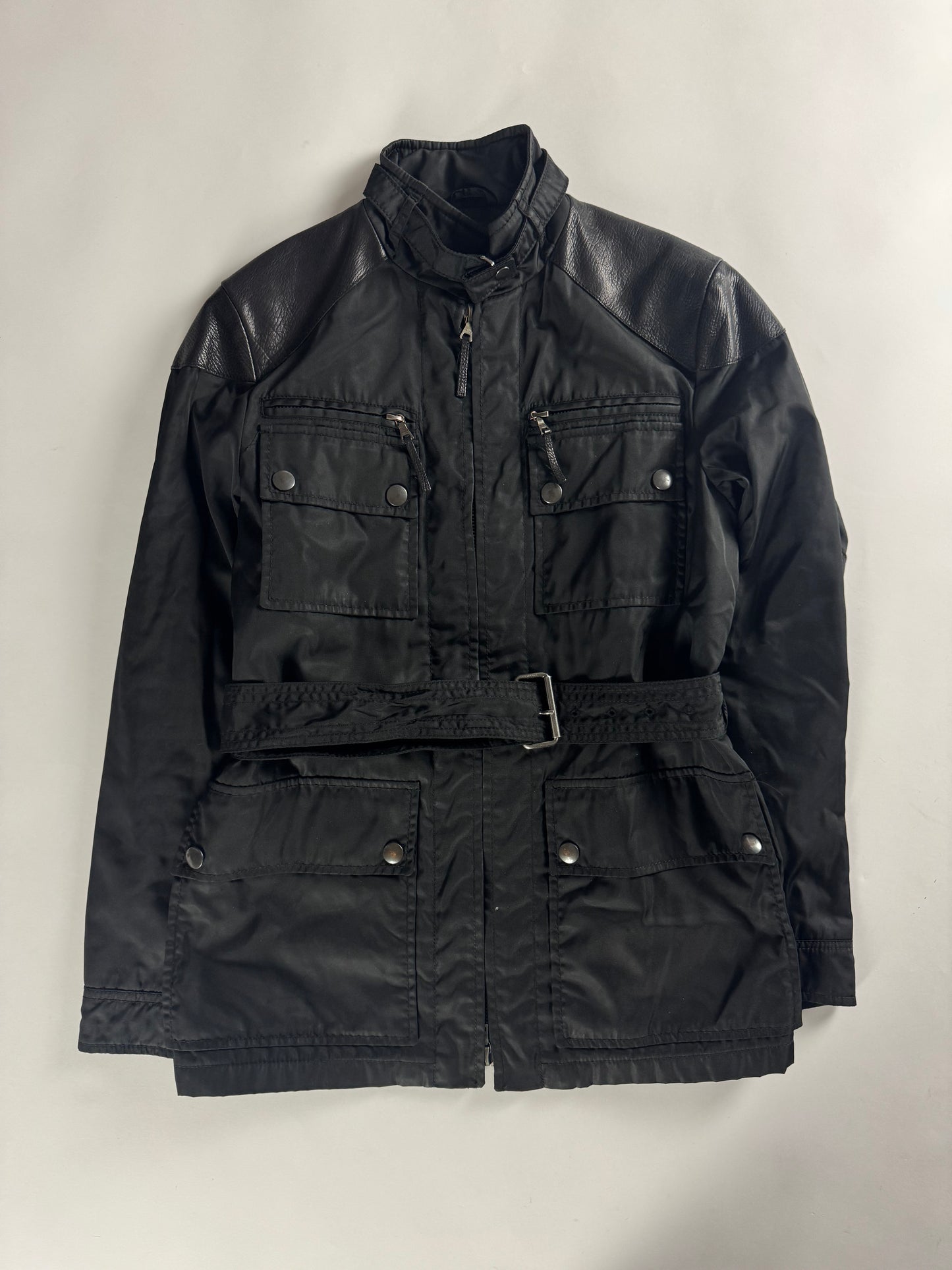Prada Leather Shoulder Patched Nylon Belt Jacket 2000s - S