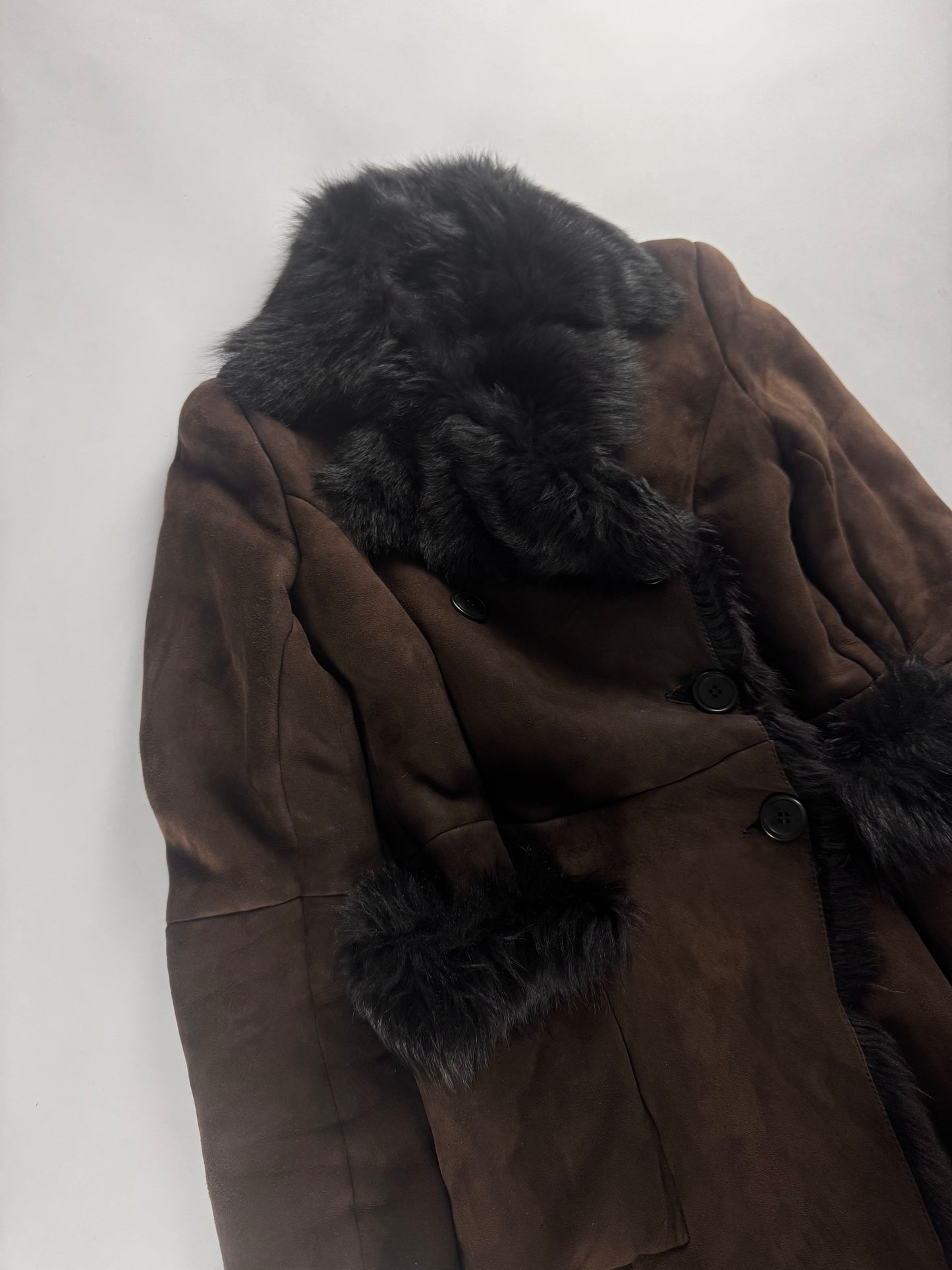 Prada Brown Fur Trimmed Brushed Sheepskin Leather Coat FW 2010 - S