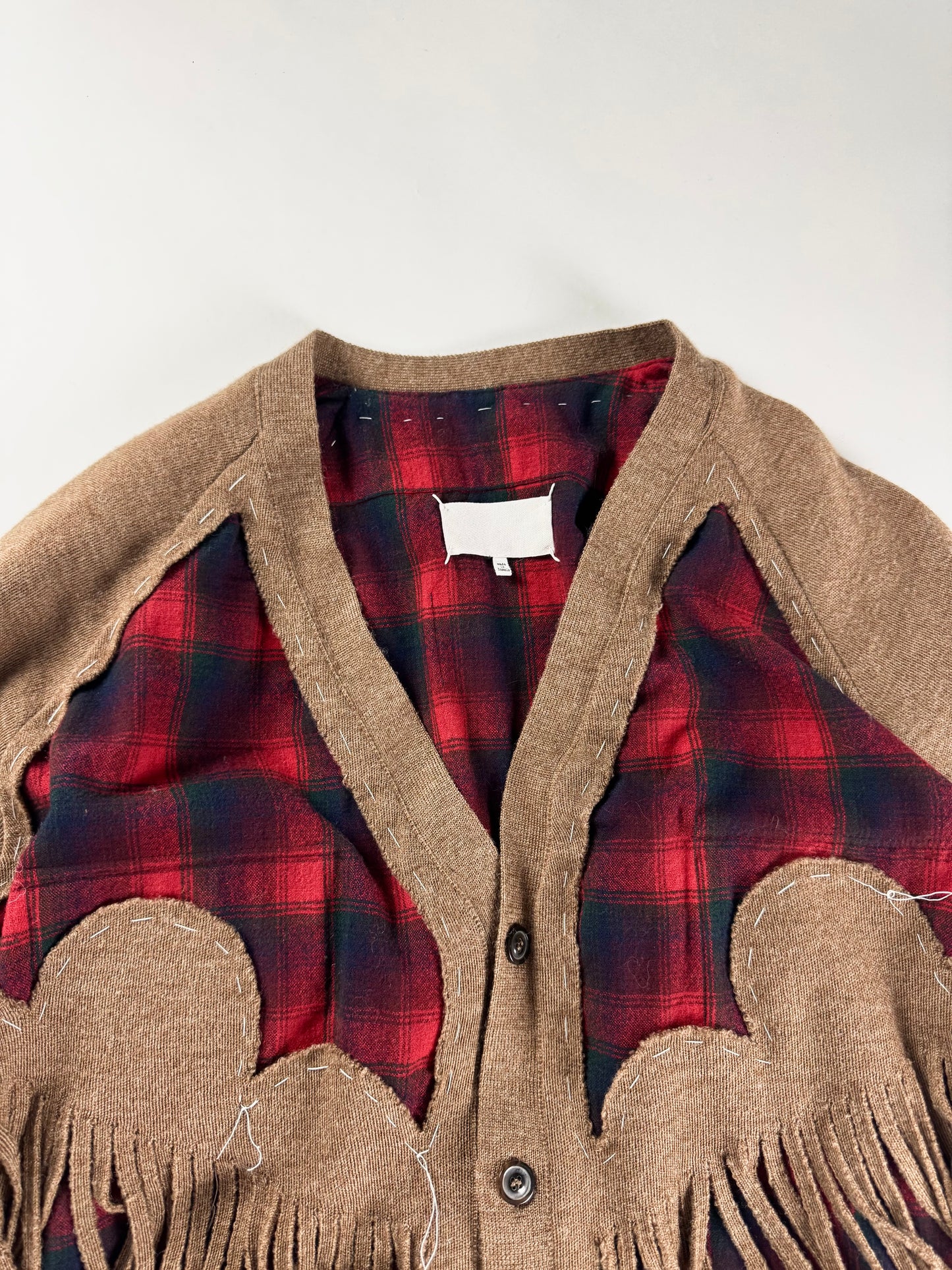 Maison Margiela x Pendleton Red Tartan Plaid Tan Knit Western Fringe Cardigan FW 2023 - XXL