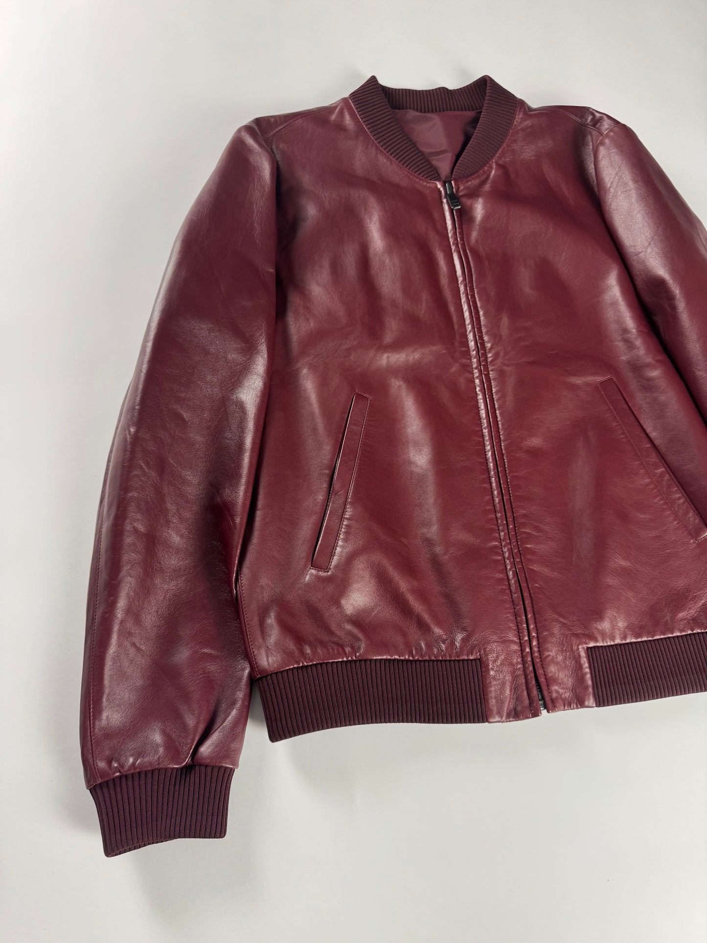 Prada Backside Triangle Logo Reversible Soft Bordeaux Leather Bomber Jacket FW 2017 - M