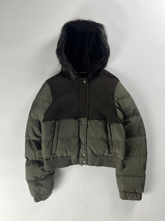 Prada Khaki Leather Down Fur Hood Jacket FW 2007 - S