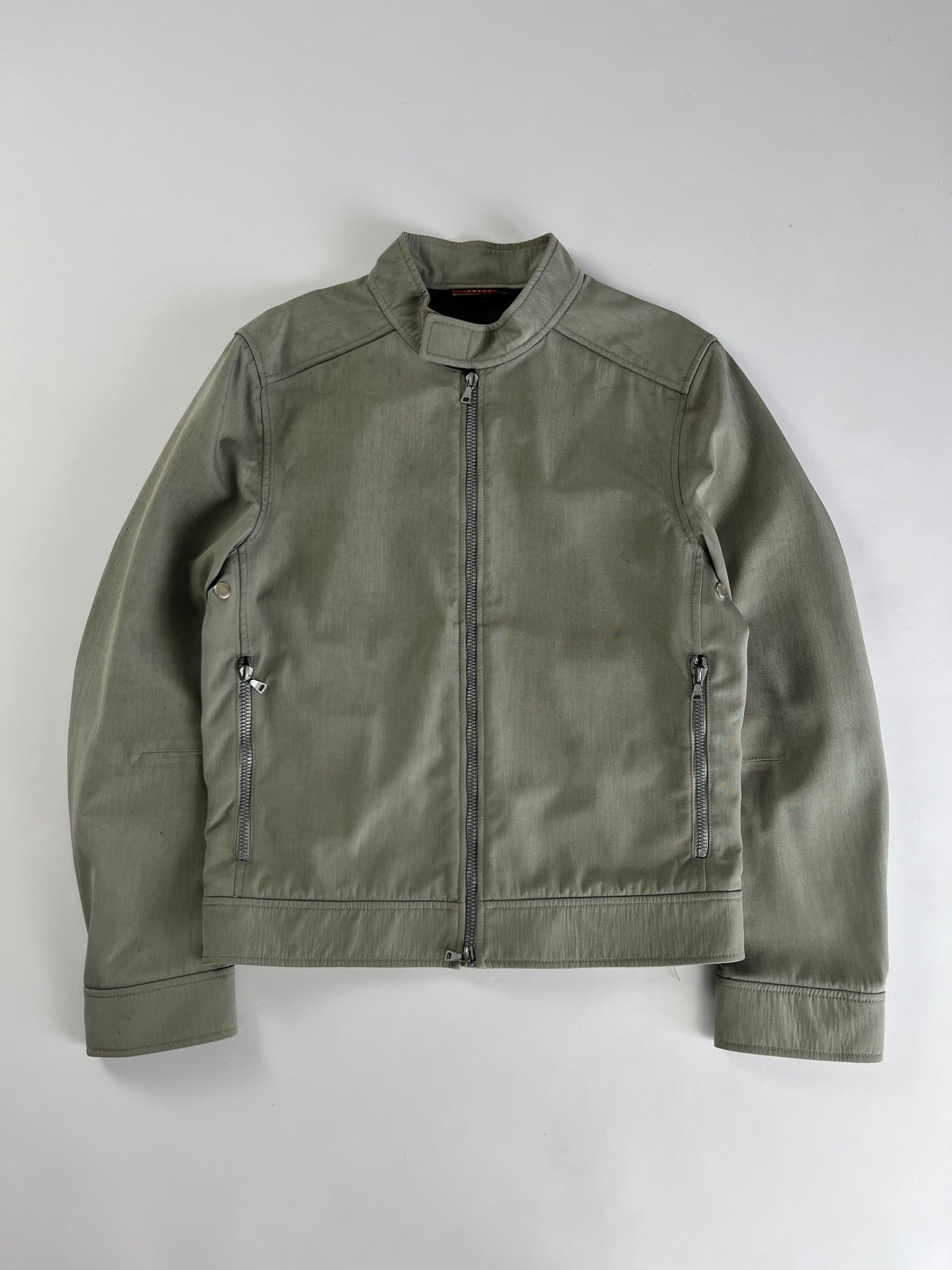 Prada Light Grey Modern Strapped Double Zip Nylon Moto Jacket SS 2000 - M