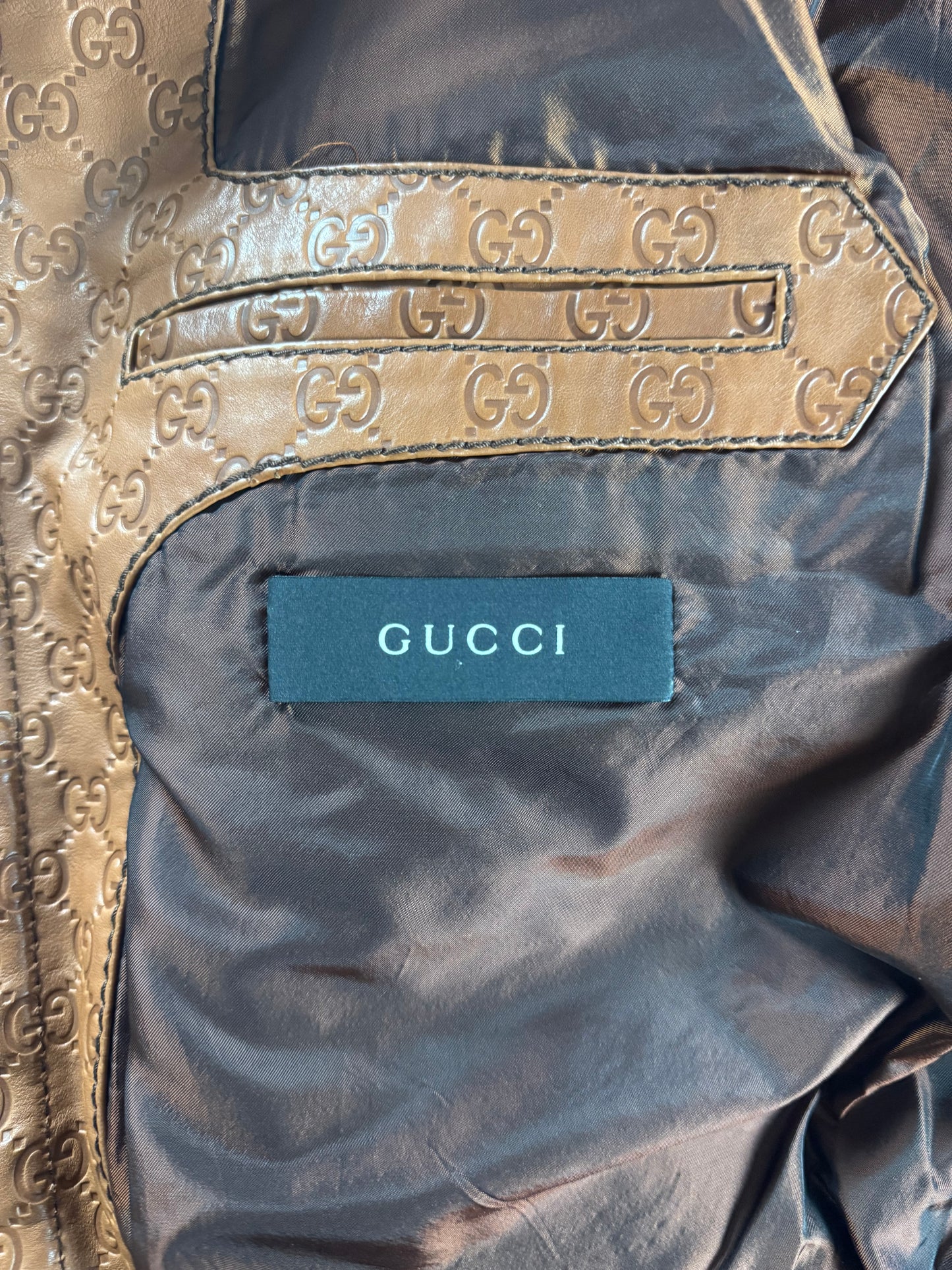 Gucci Tom Ford Camel Brown Monogram Leather Bomber Jacket 2000s - XL
