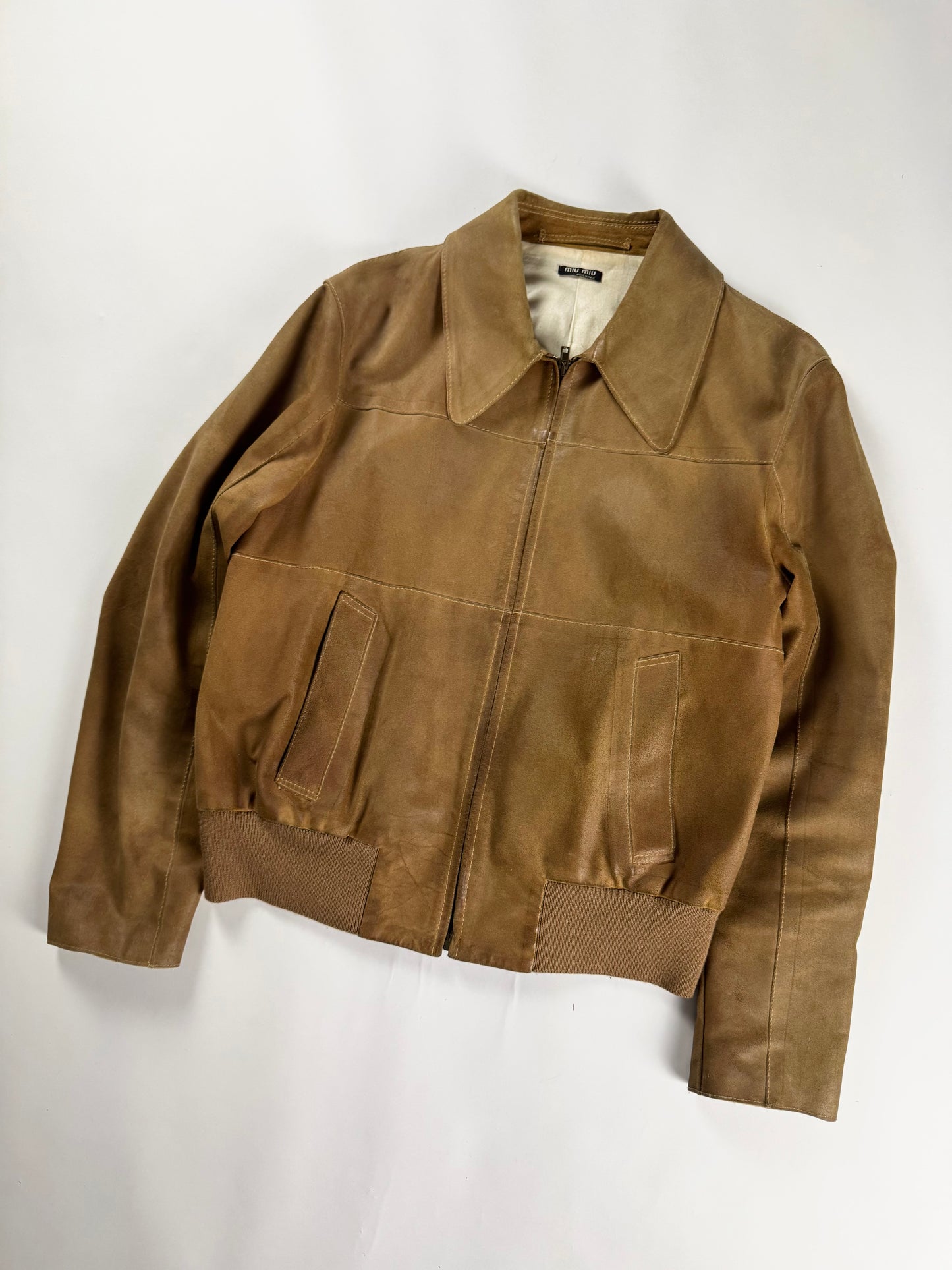Miu Miu Camel Tan Leather Bomber Pointed Collar Jacket 2000s - M
