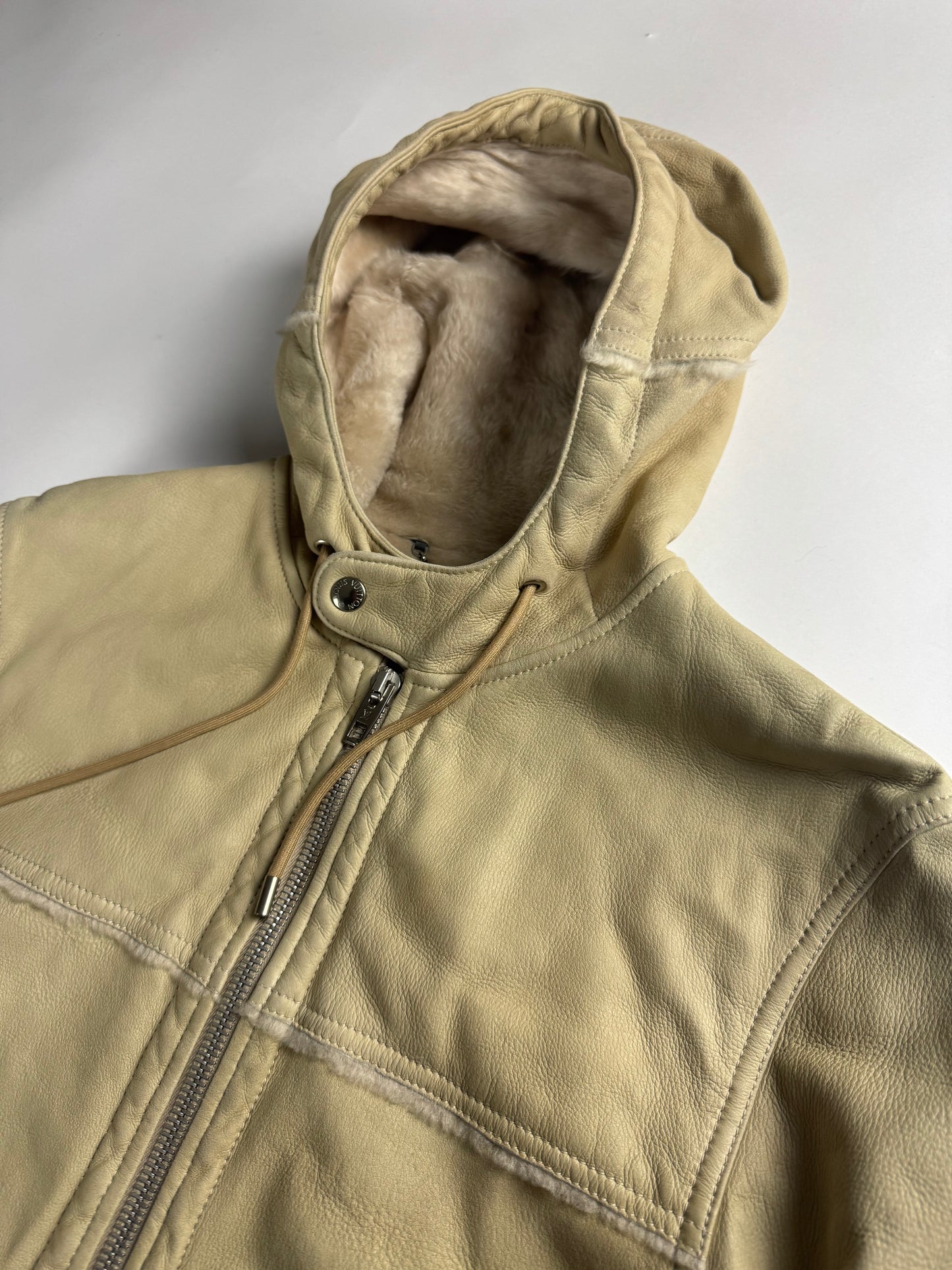Louis Vuitton Cream Shearling Leather Full Zip Hooded Jacket FW 2006 - M