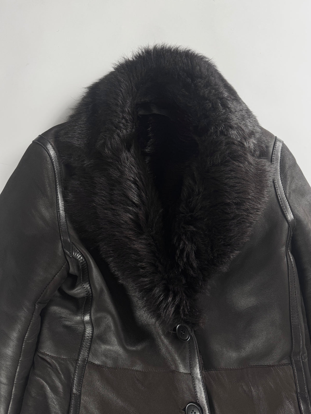 Prada Dark Fur Trimmed Double Breasted Sheepskin Leather Coat 2000s - S