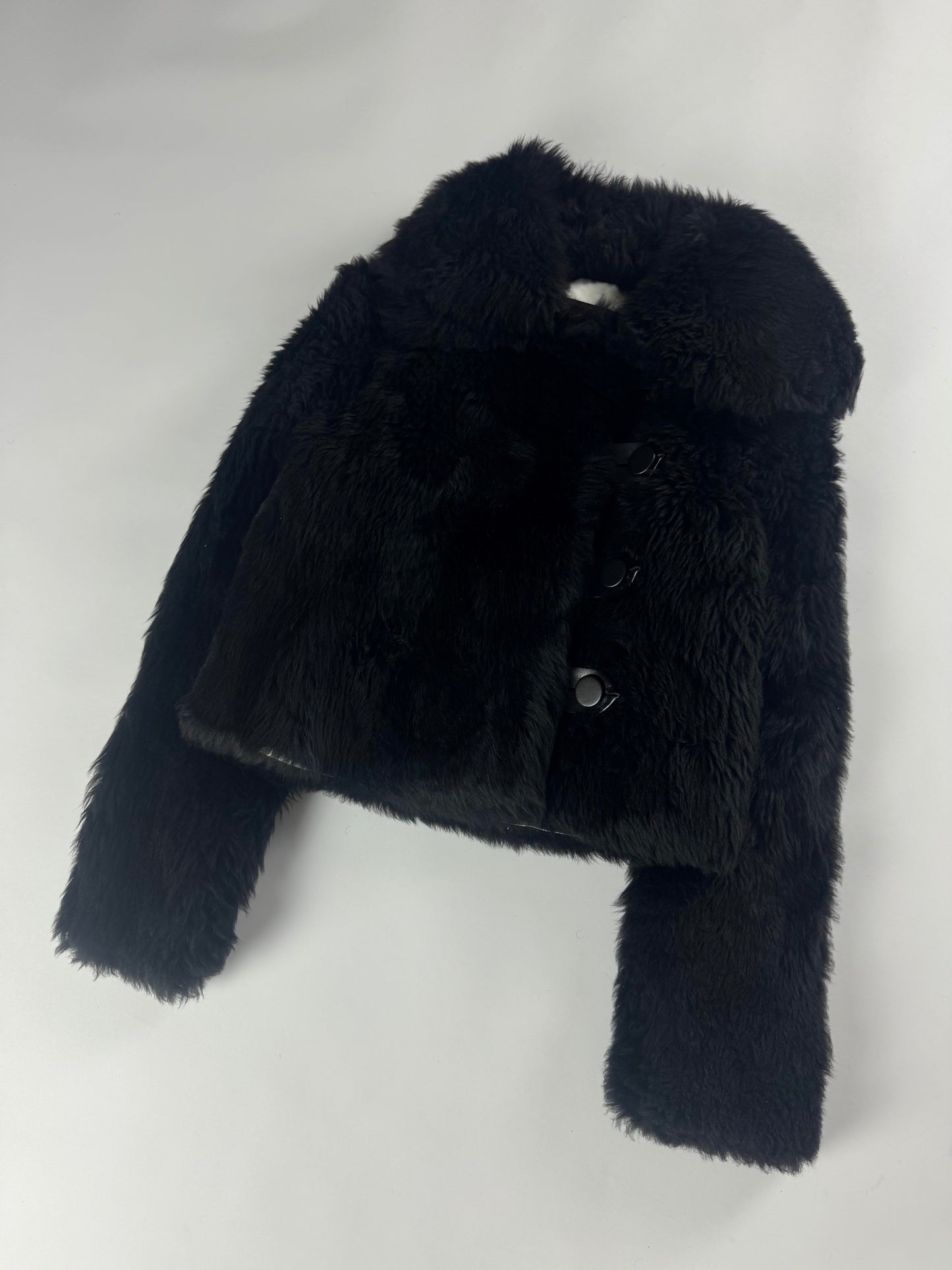 Louis Vuitton Sample Black Lamb Fuzzy Fur Crop Side Button Jacket FW 2015 - XS