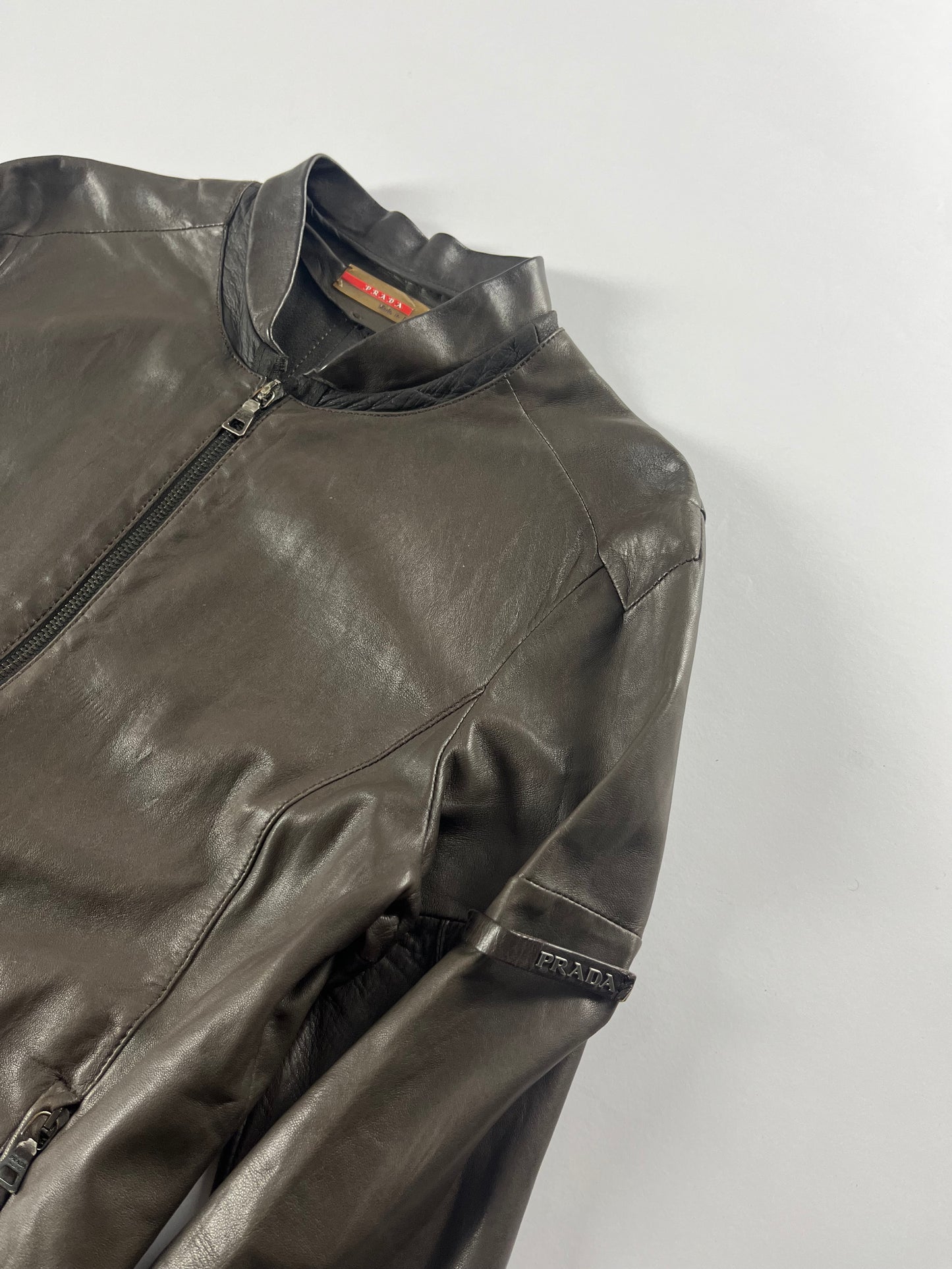Prada Brown Leather Biker Jacket 2000s - XS