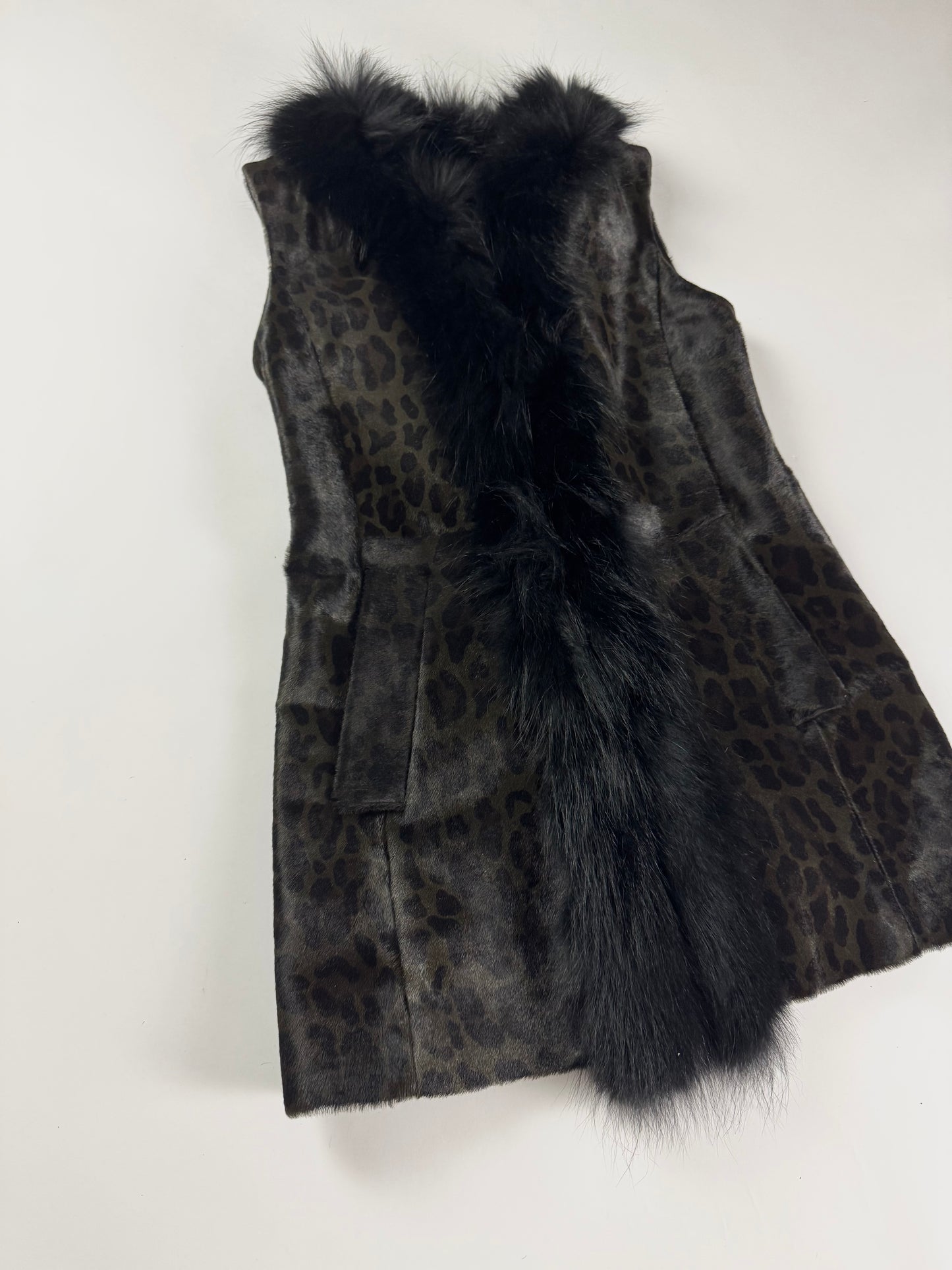 Prada Leopard Ponyhair Print Coyote Fur Trimmed Sleeveless Coat FW 2012 - XS