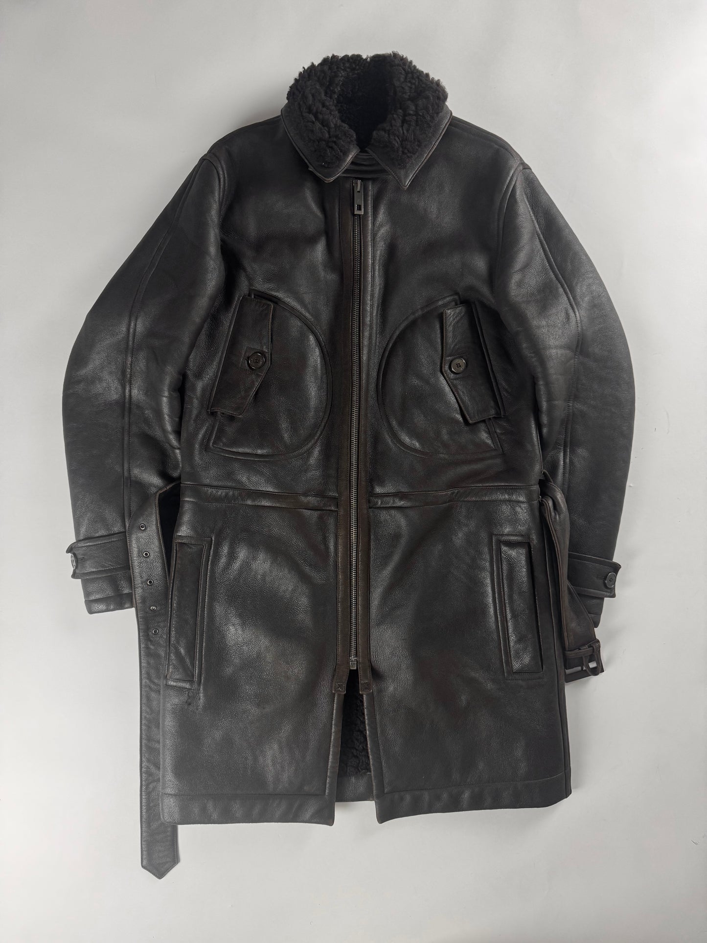 Louis Vuitton Dark Brown Fur Lining Heavy Sheepskin Leather Belted Coat 2000s - M