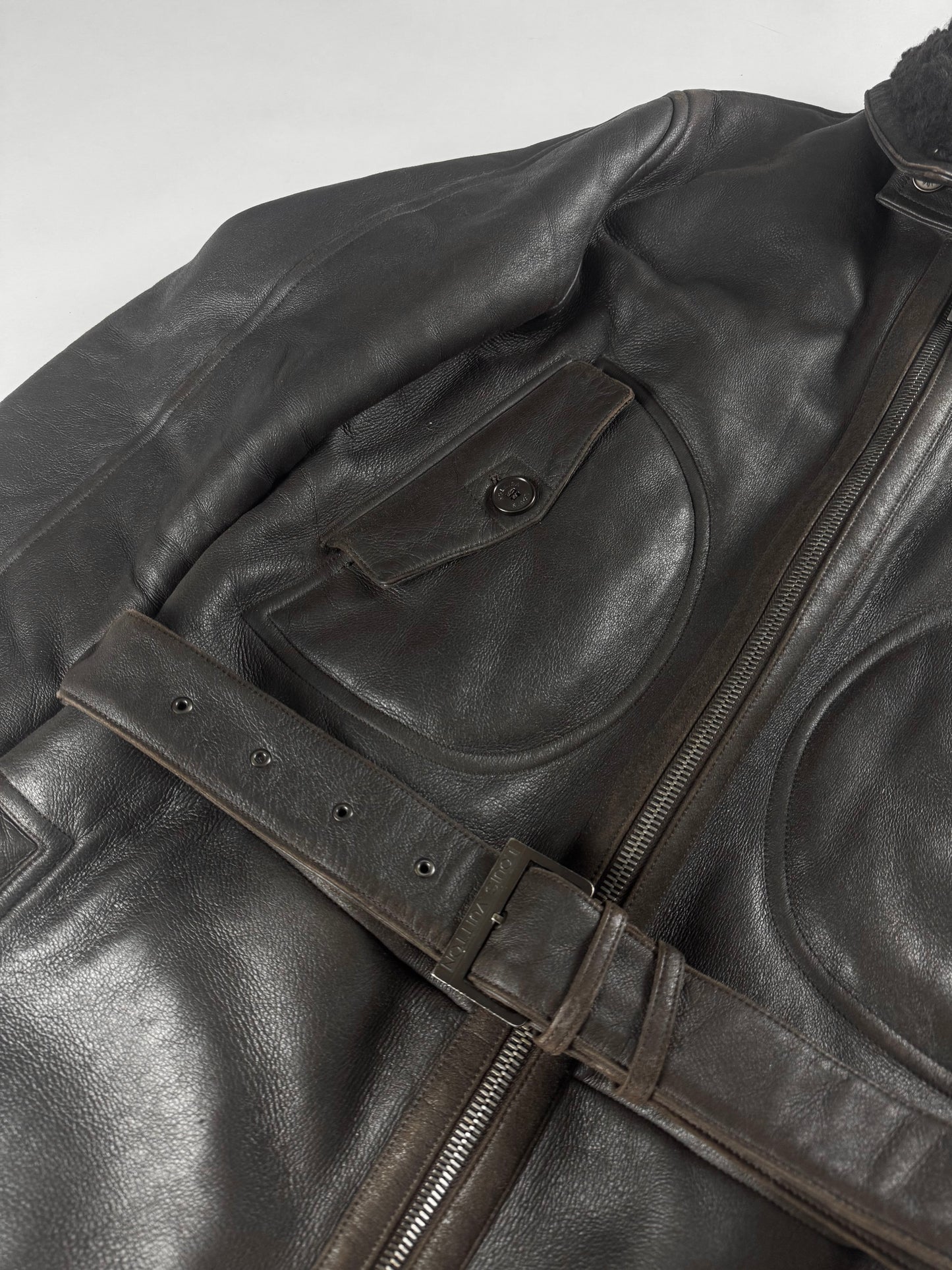 Louis Vuitton Dark Brown Fur Lining Heavy Sheepskin Leather Belted Coat 2000s - M