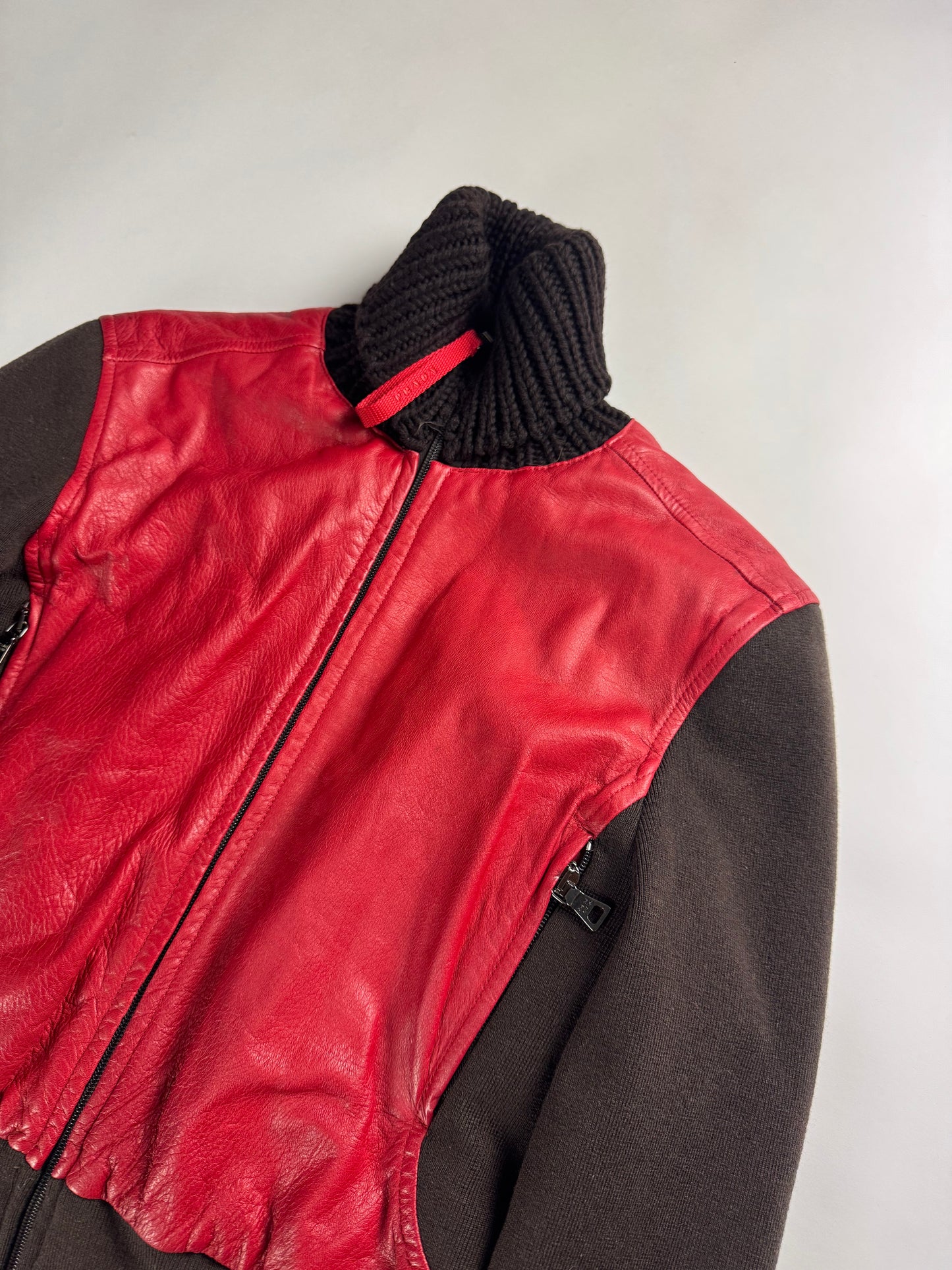 Prada Wool Hybrid Red Leather Patch Turtleneck Jacket SS 2000 - S