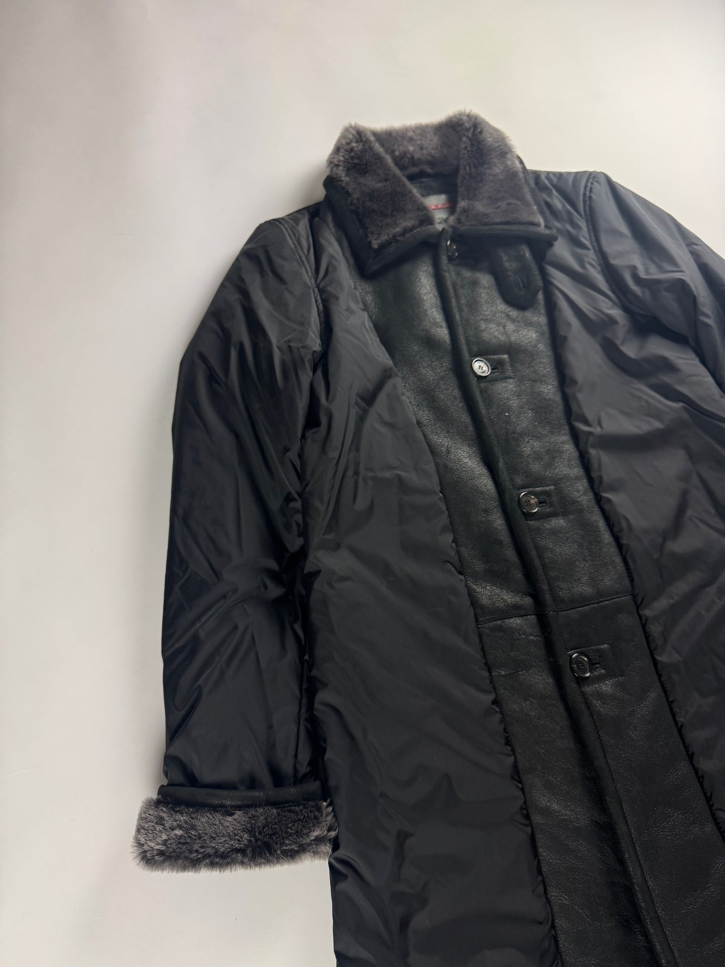 Prada Nylon Leather Panel Long Fur Details Coat SS 2006 - M