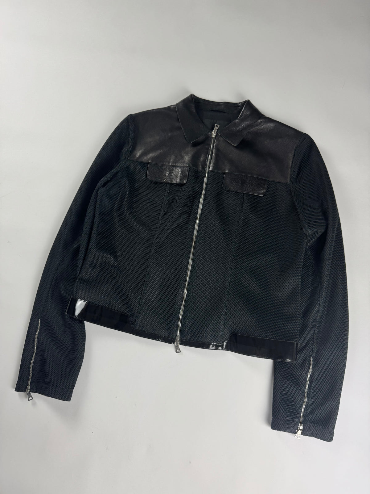 Prada Black Mesh Leather Duo Moto Jacket SS 1999 - S